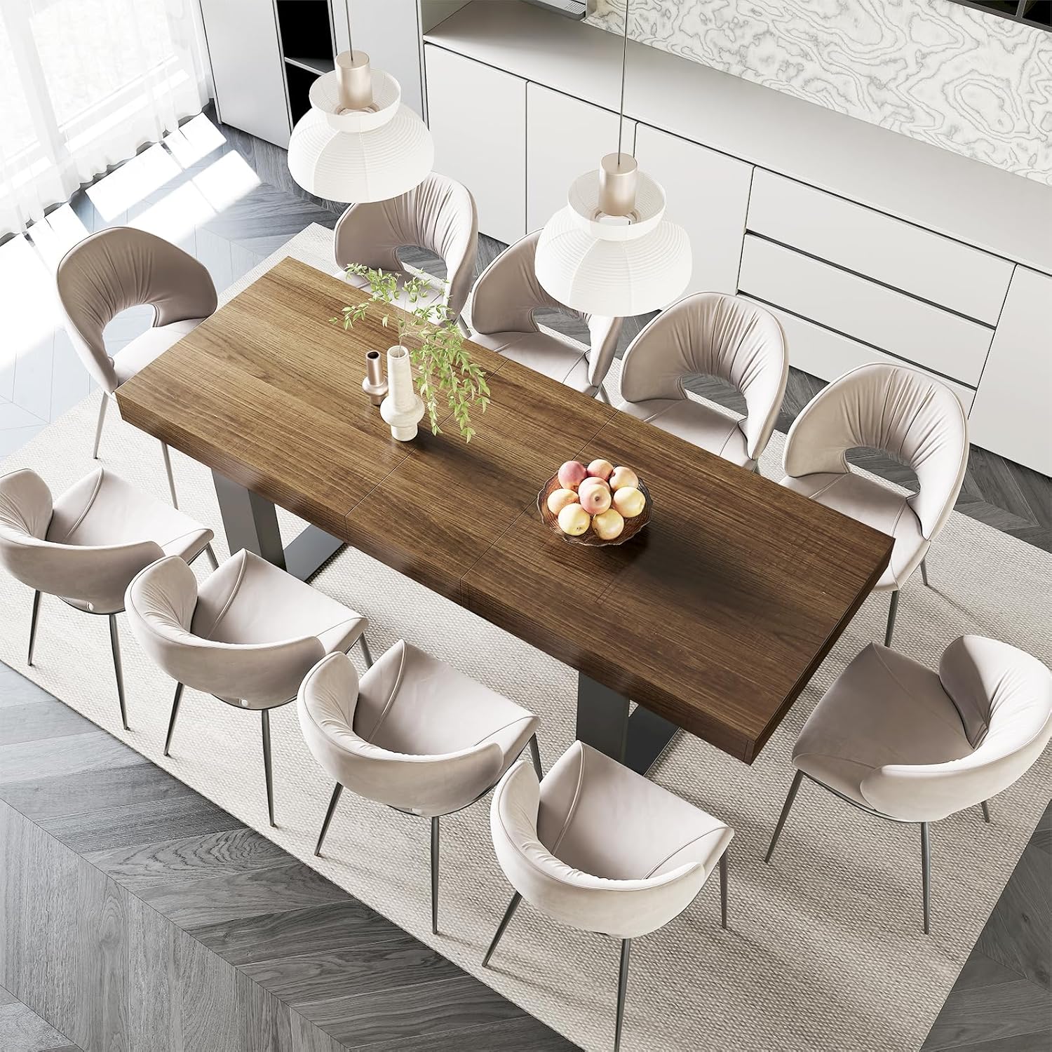STHOUYN Farmhouse Rustic Extendable Dining Room Table for 8 10, 70.9 (86.6) x 31.5, Rectangular Dinner Table for 6-10, Mid Century Modern Expandable Retractable Wooden Kitchen Table (Brown)