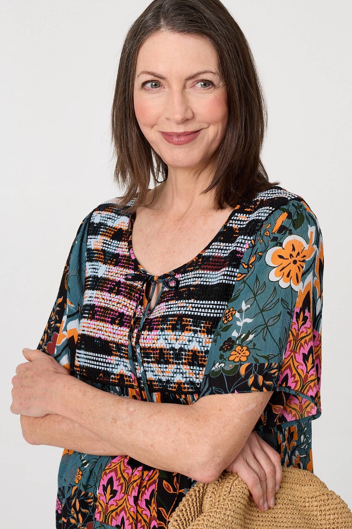 Izabel London Floral Tie Front Relaxed Smock Blouse