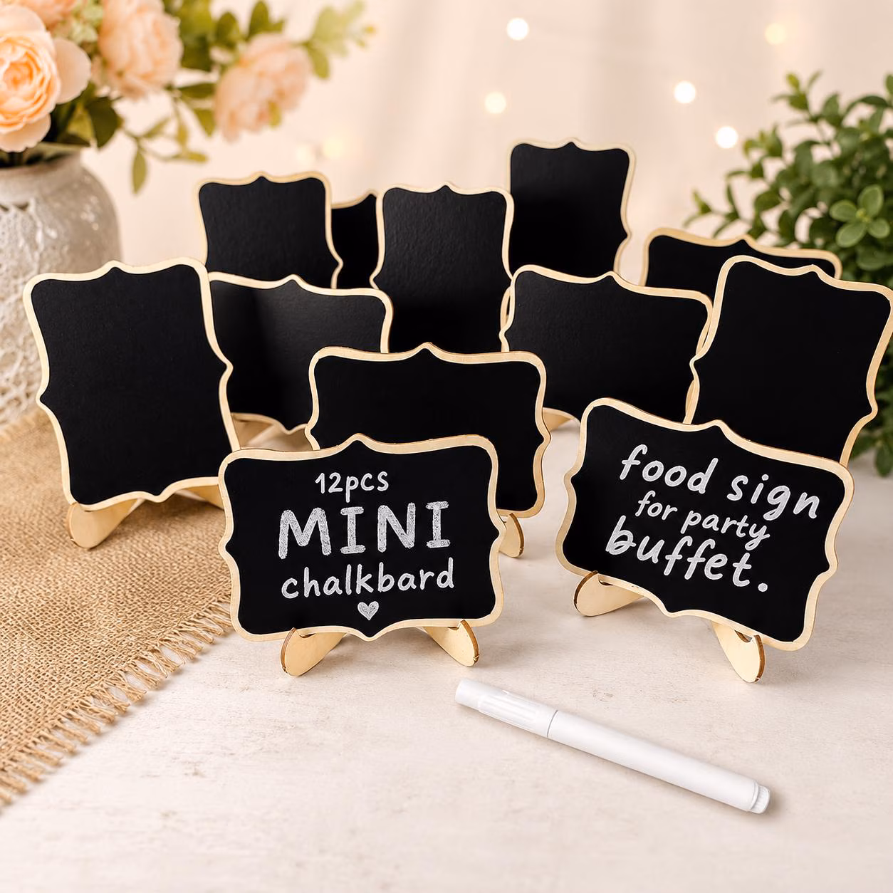 12PCS Mini Chalkboard Signs with Stands, Reusable Food Labels for Buffet, Wedding, Candy Bar, Bake Sale, Party Table & Catering Decor
