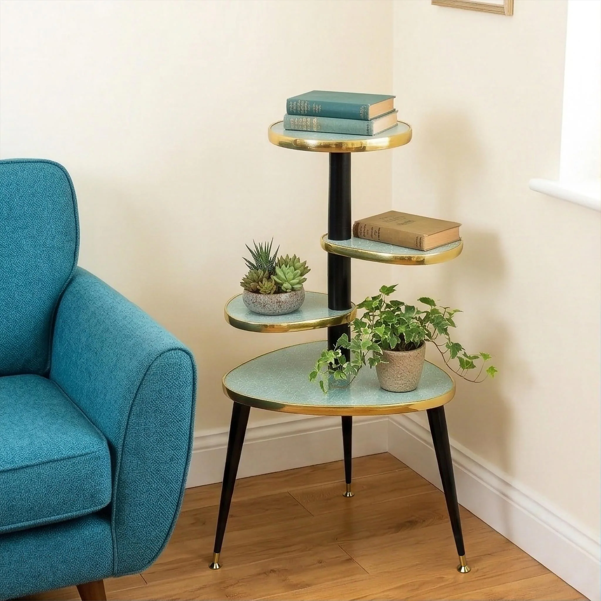 Mid Century Modern Tera Plant Stand, Royalexe™ Laminate, Teak Legs, 10 Colors
