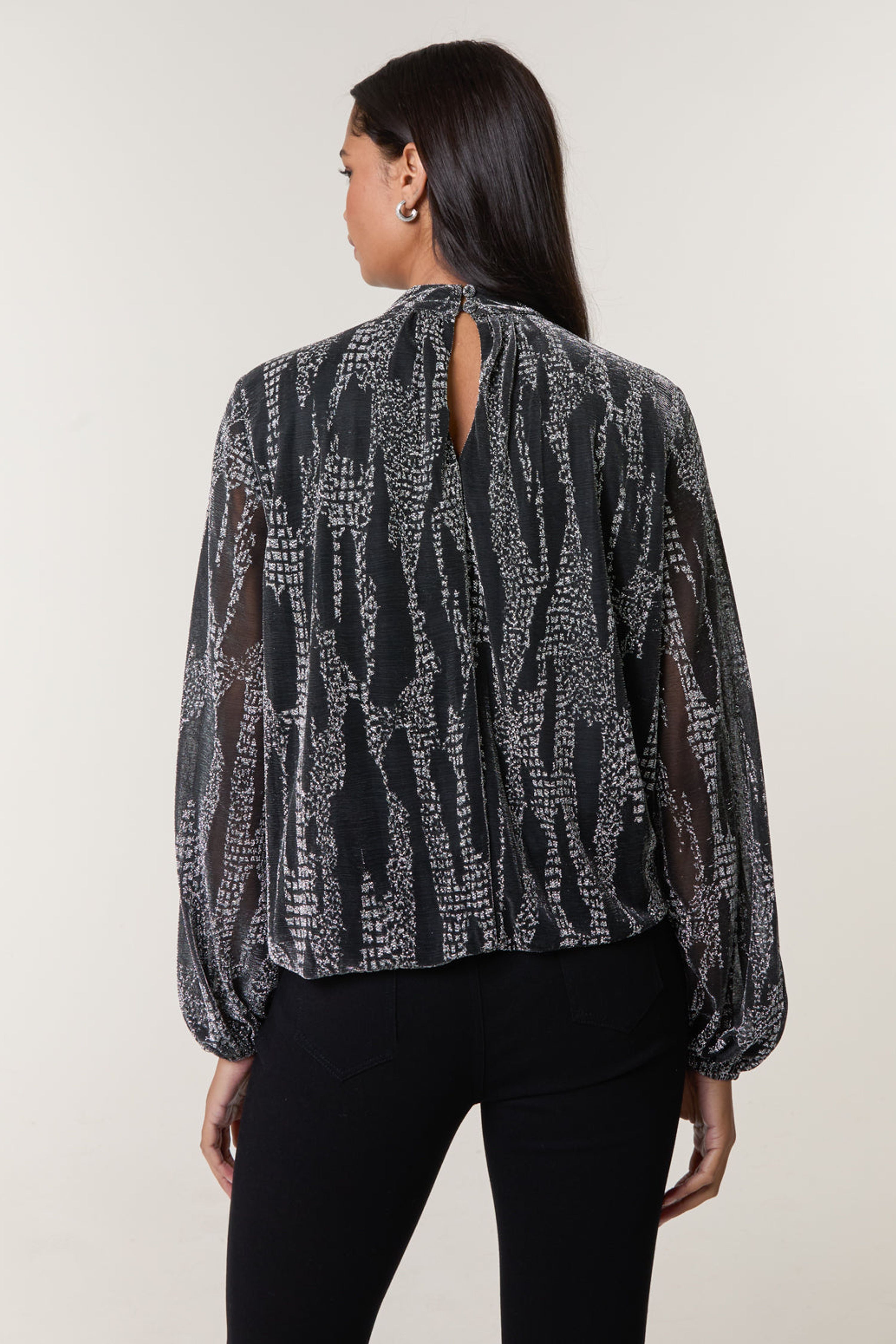 Blue Vanilla Silver Snake High Neck Puff Ball Blouse