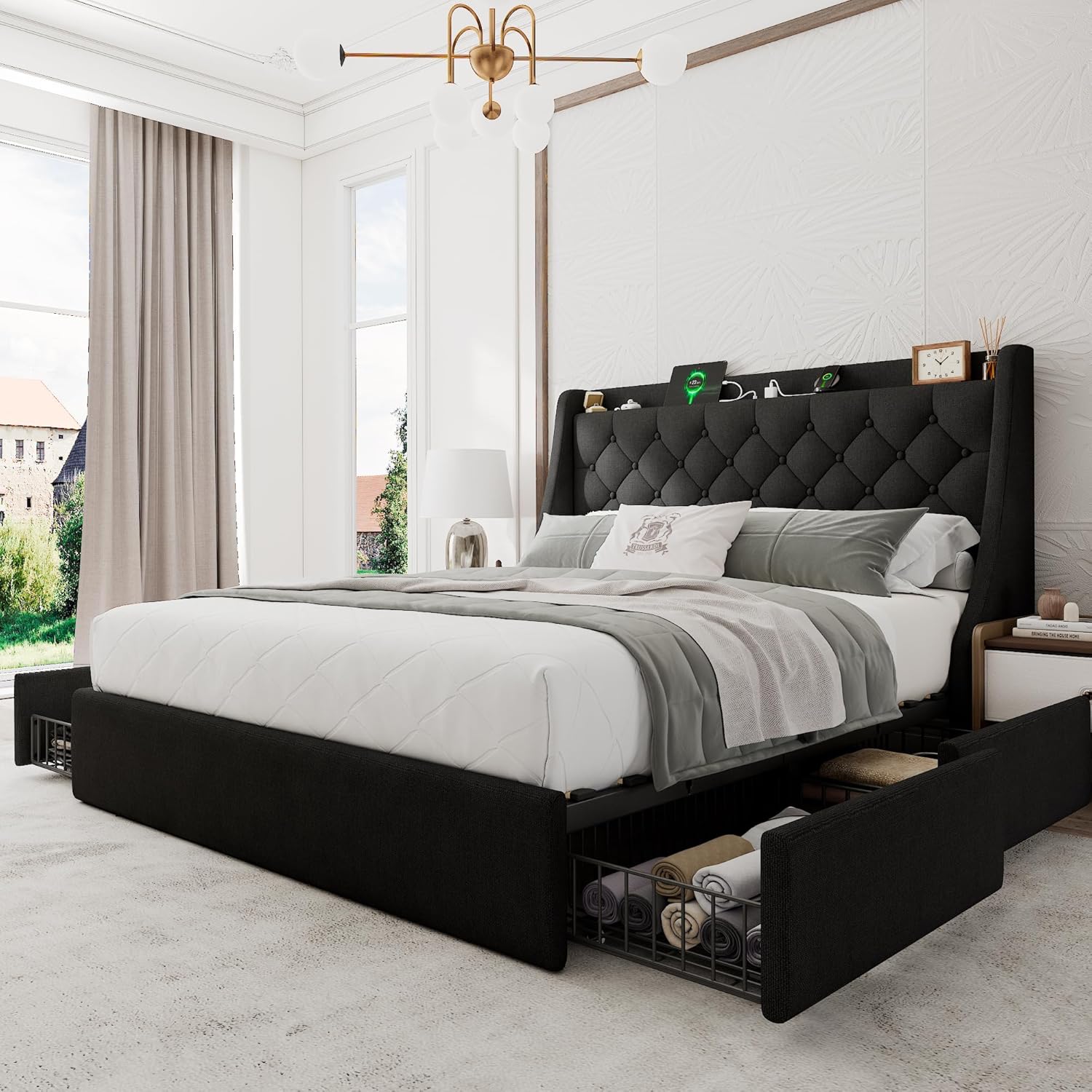 Queen Bed Frame with 4 Storage Drawers, Upholstered Modern Bed Frame with Wingback Headboard, Charging Station, No Box Spring Needed, Easy Assembly, Black