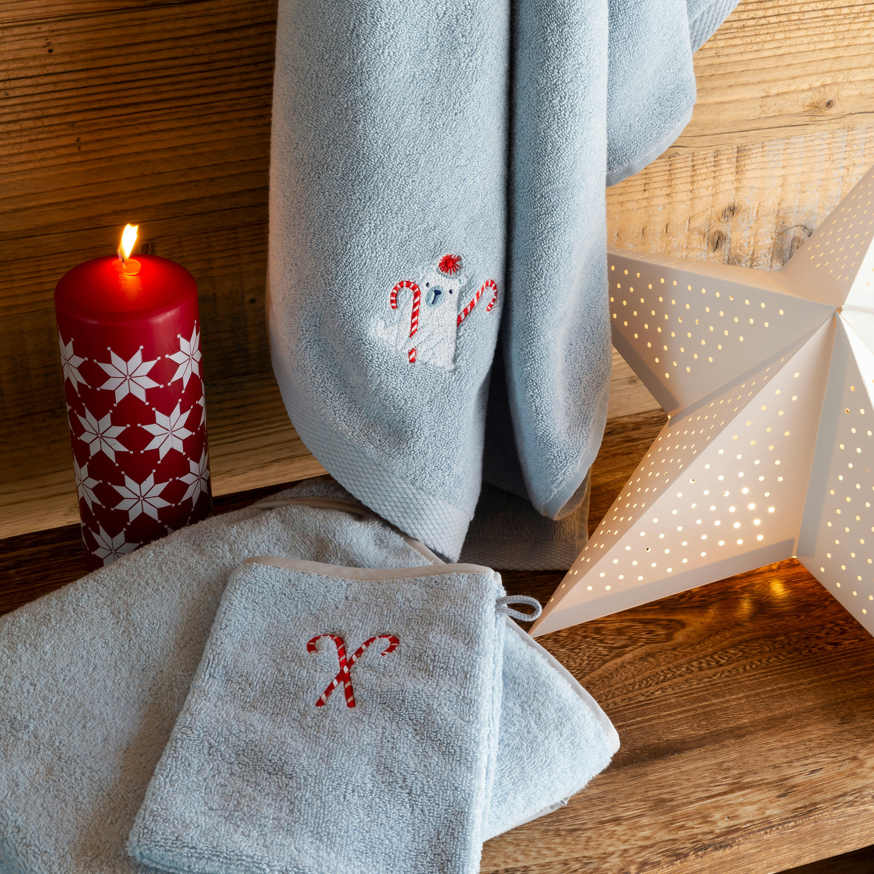 ARTICA - Gant de toilette coton brodé bouclette bleu 15 x 21 cm