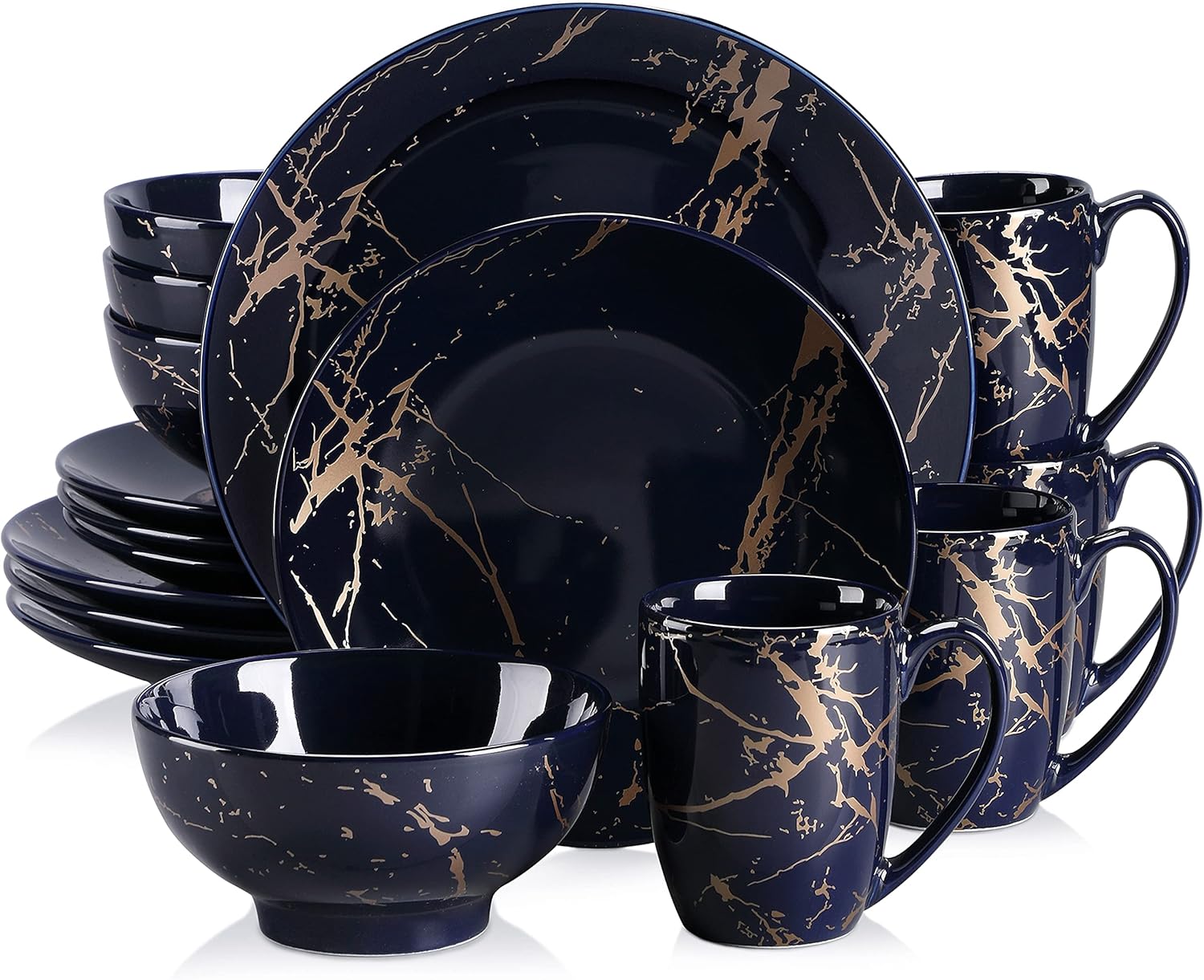 LOVECASA Porcelain Dinnerware Sets for 4, 16 PCS Plates and Bowls Set, Color Glaze with Gold Plate Dish Set, Dinner Sets with Dinner Plates, Dessert Plate, Bowls and Mugs, Dark Blue