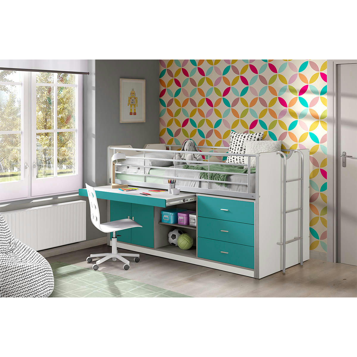 BONNY - Lit combiné 95 90x200 sommier inclus turquoise