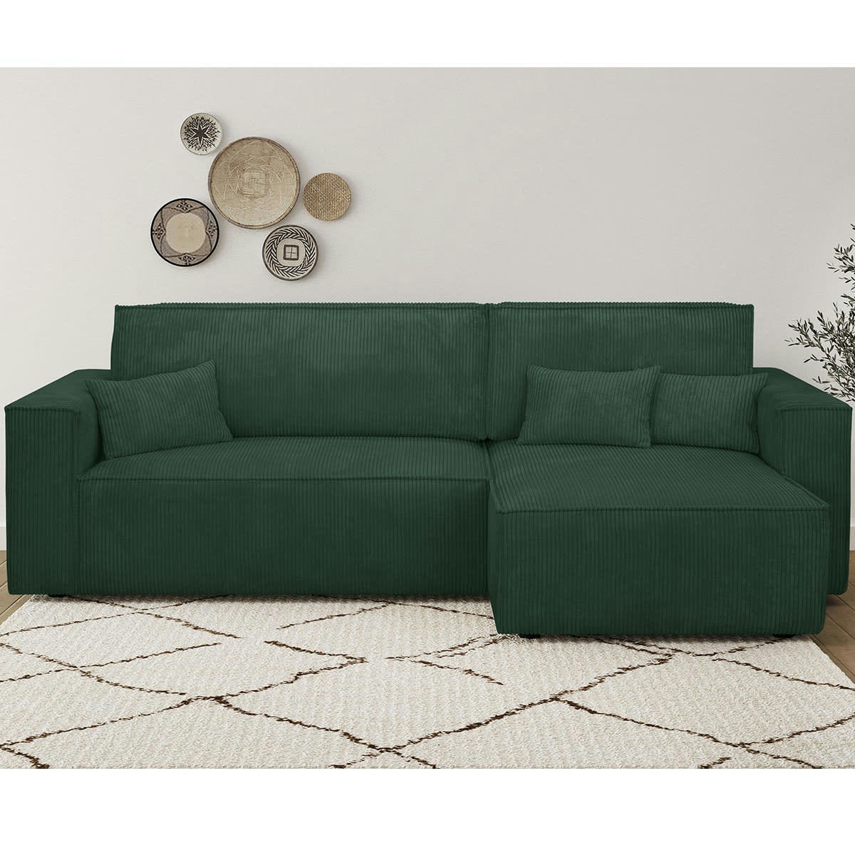 LIVIA - Canapé d'angle convertible 4 places avec coffre, velours côtelé vert