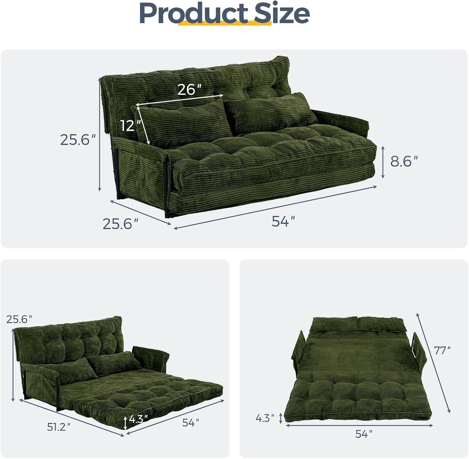 MAXYOYO Adjustable Floor Sofa Couch with 2 Pillows, Multi-Functional Bean Bag Bed, 5-Position Foldable Lazy Sofa Sleeper Bed with Armrest, Versatile Floor Seating for Reading, Dark Green, Double