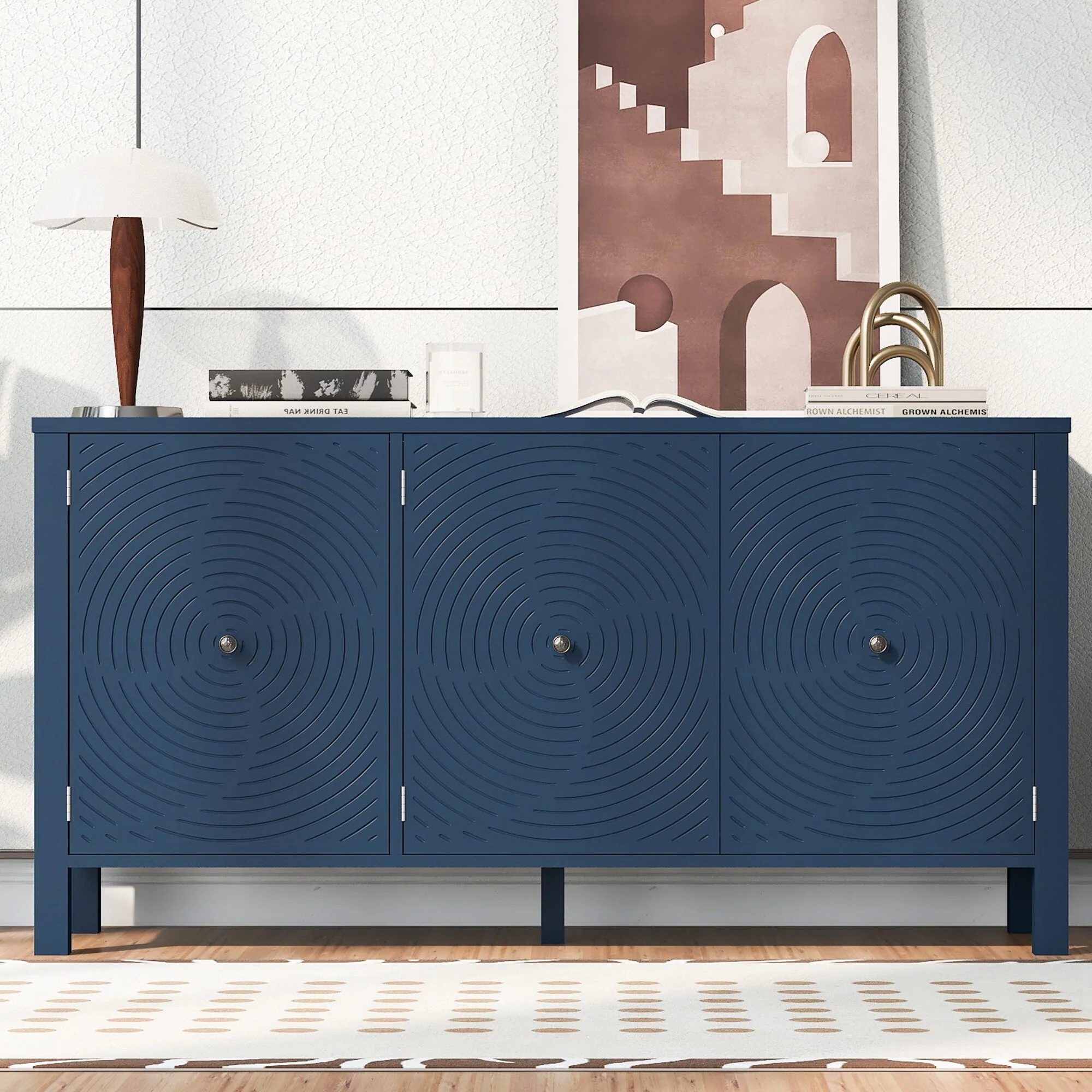 3-Door Wooden Sideboard with Curved Swirl Patterned Doors, Storage Cabinet with Steel Door Handle and Central Support Leg