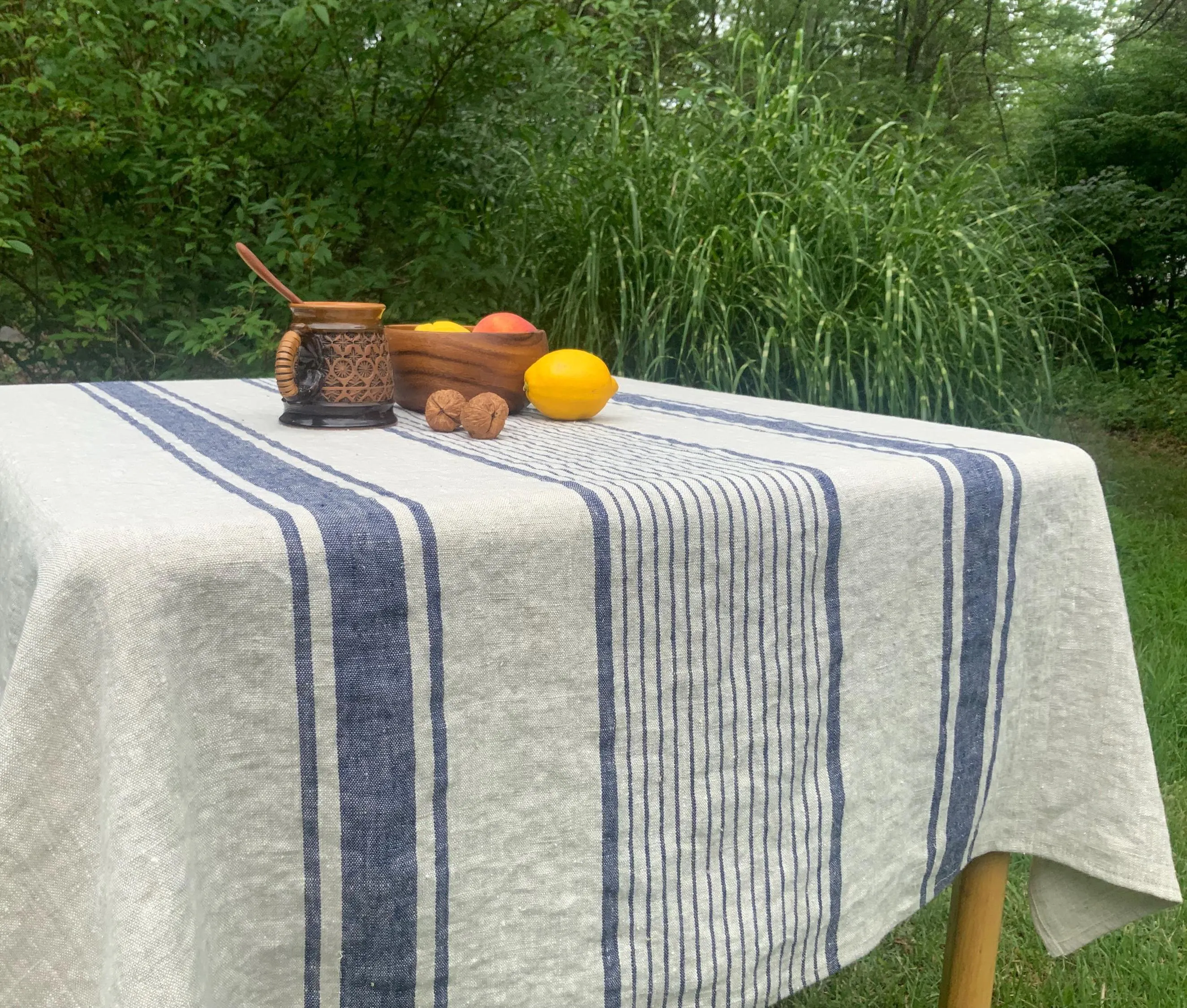French country Linen Tablecloth: Navy Stripe, French farmhouse style, Oeko Tex Certified linen, many colors, ships fast!