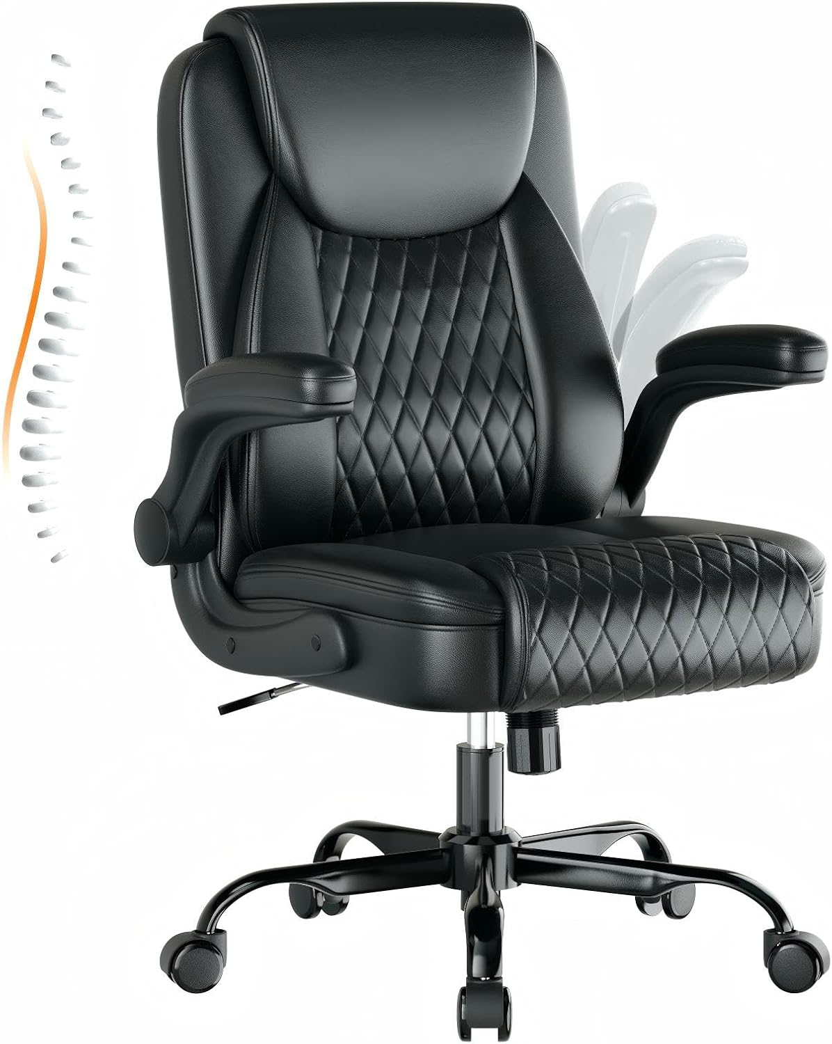 GTPLAYER Leather Office Chair, Home Desk Chair with Flip-up Arms and Ergonomic Back - Comfy Heavy Duty Executive Chair for Home Office Gaming, Charcoal Black