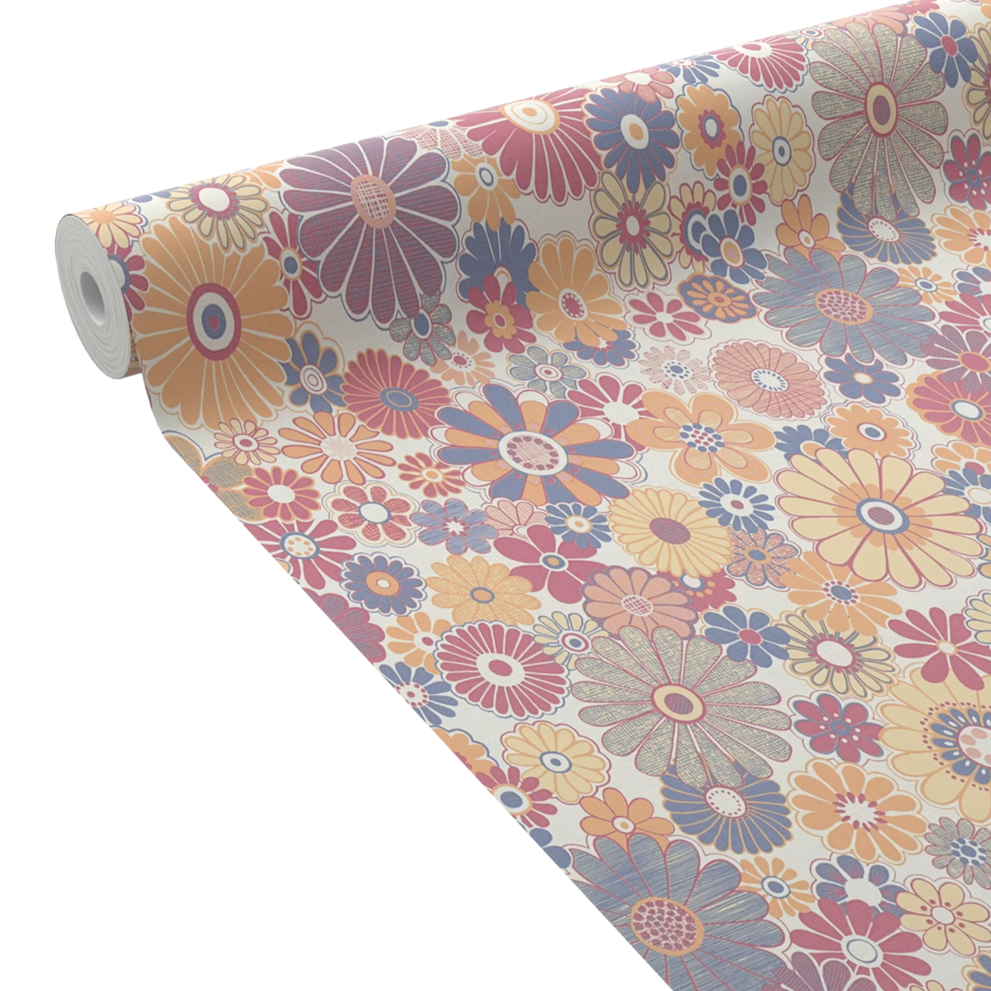 Papier peint intissé DONATILLE orange clair, rose framboise et bleu violacé
