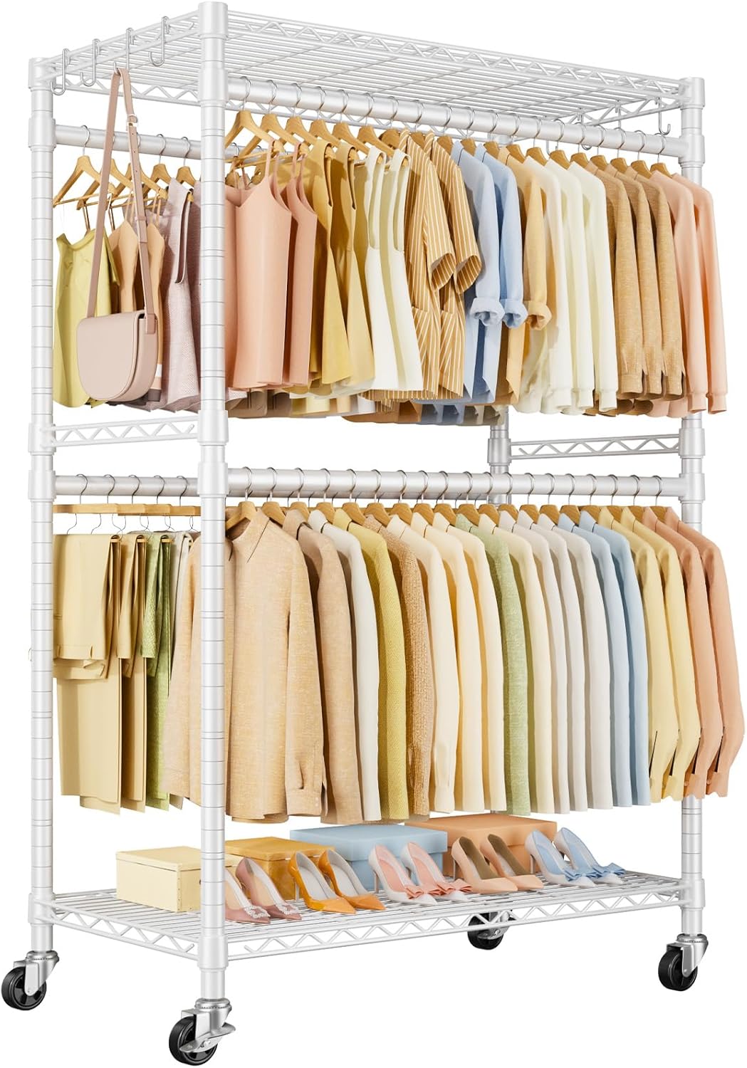 ULIFHOME P4 Plus Rolling Clothes Rack Heavy Duty, Clothing Racks for Hanging Clothes, Free Standing Garment Racks with Wheels, Portable Closet Rack 45''W × 20.5''D × 80.5''H, Max Load 570 Lbs, White