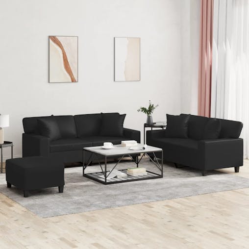 NNEVL 3 Piece Sofa Set with Pillows Black Faux Leather