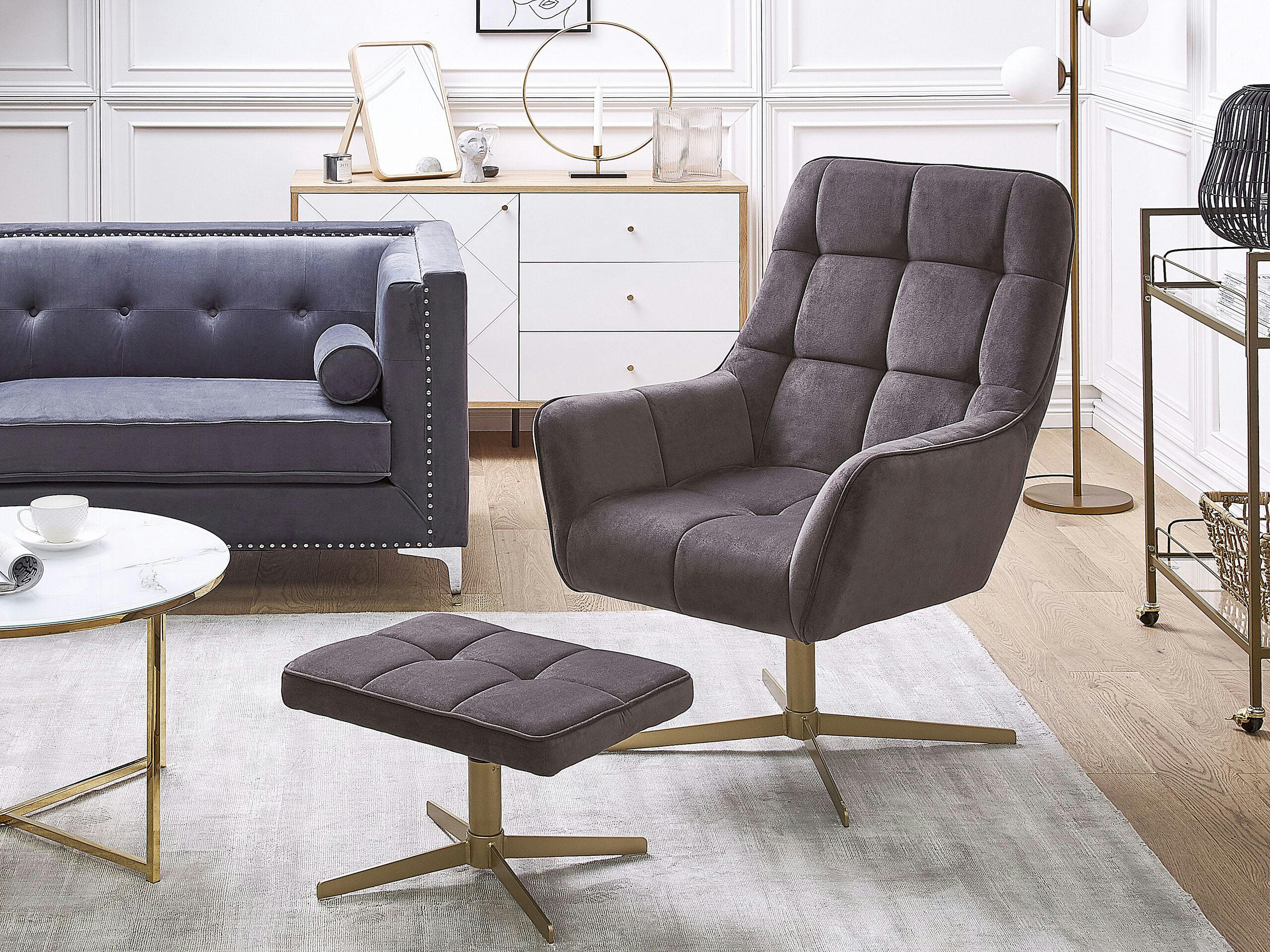 MOLLE - Fauteuil en velours taupe avec repose-pieds assorti