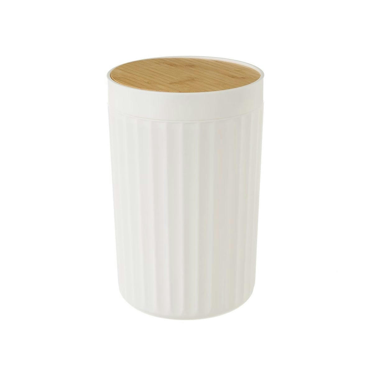 BAMBOU - Poubelle de salle de bain en plastique blanc et bambou 5L