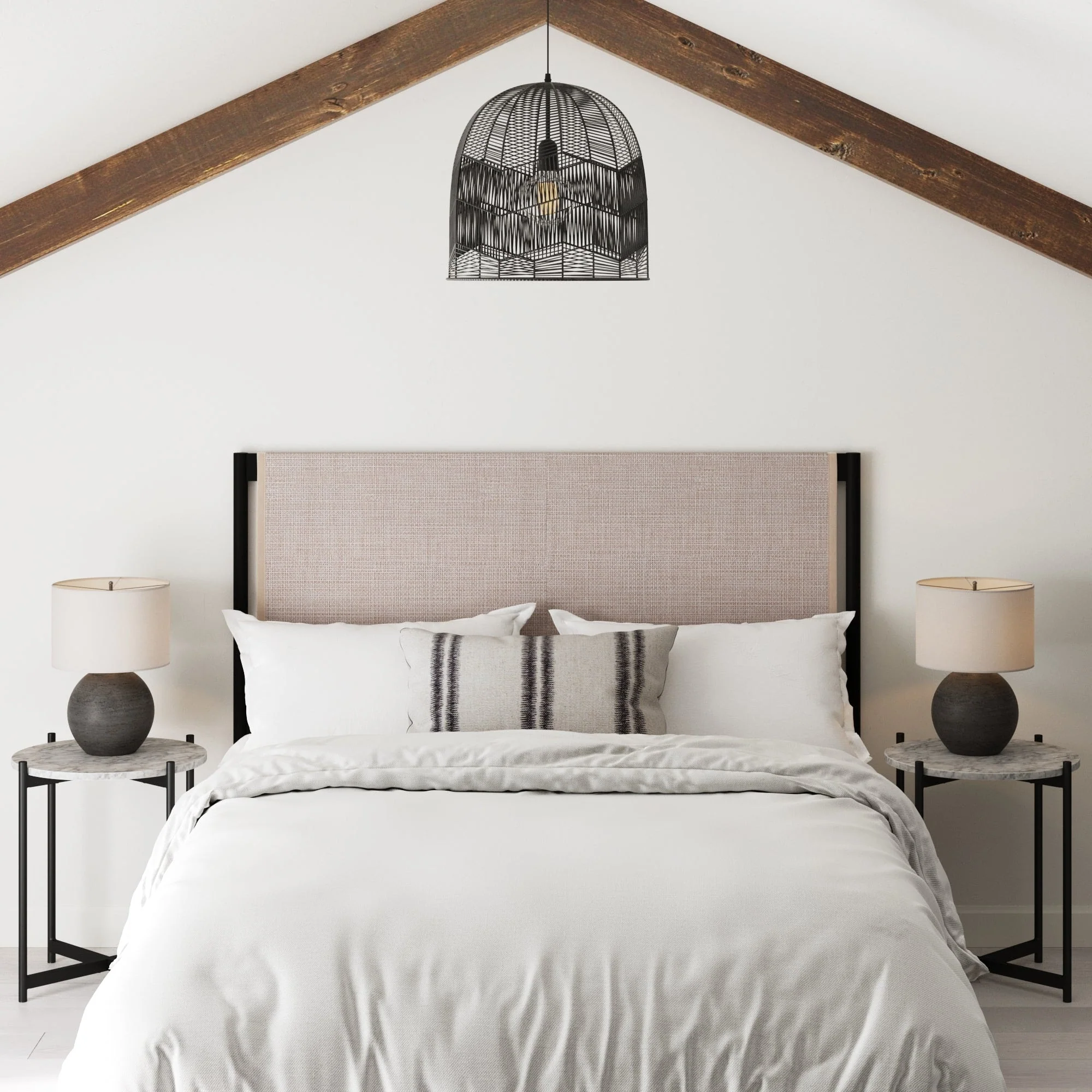 Nathan James Garcia Queen Headboard with Rattan Accent, Bohemian Cane Upholstered Panel