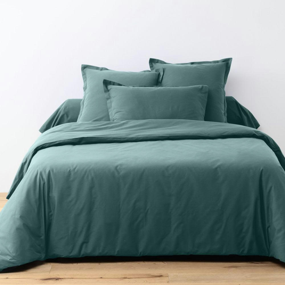- Parure de lit 2 places coton unie bleu canard 220x240 cm