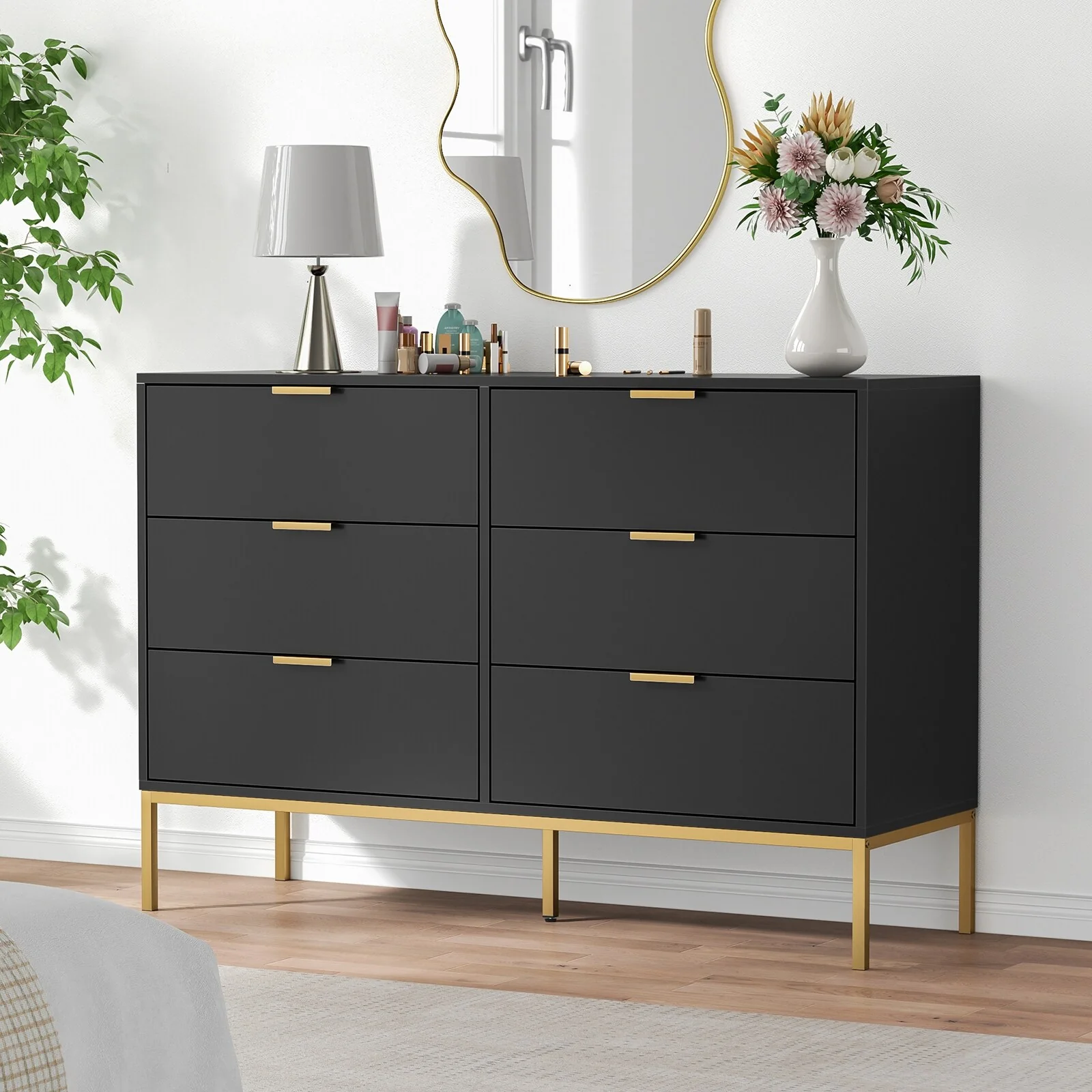 Anmytek Modern 6-Drawer Double Dresser Black Wood Chest of Drawers Storage Organizer for Bedroom