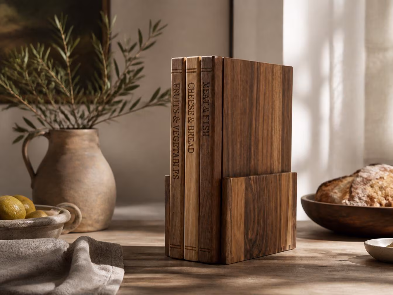 Engraved Wooden Book Cutting Board Set with Stand | Kitchen Organizer | Charcuterie Board