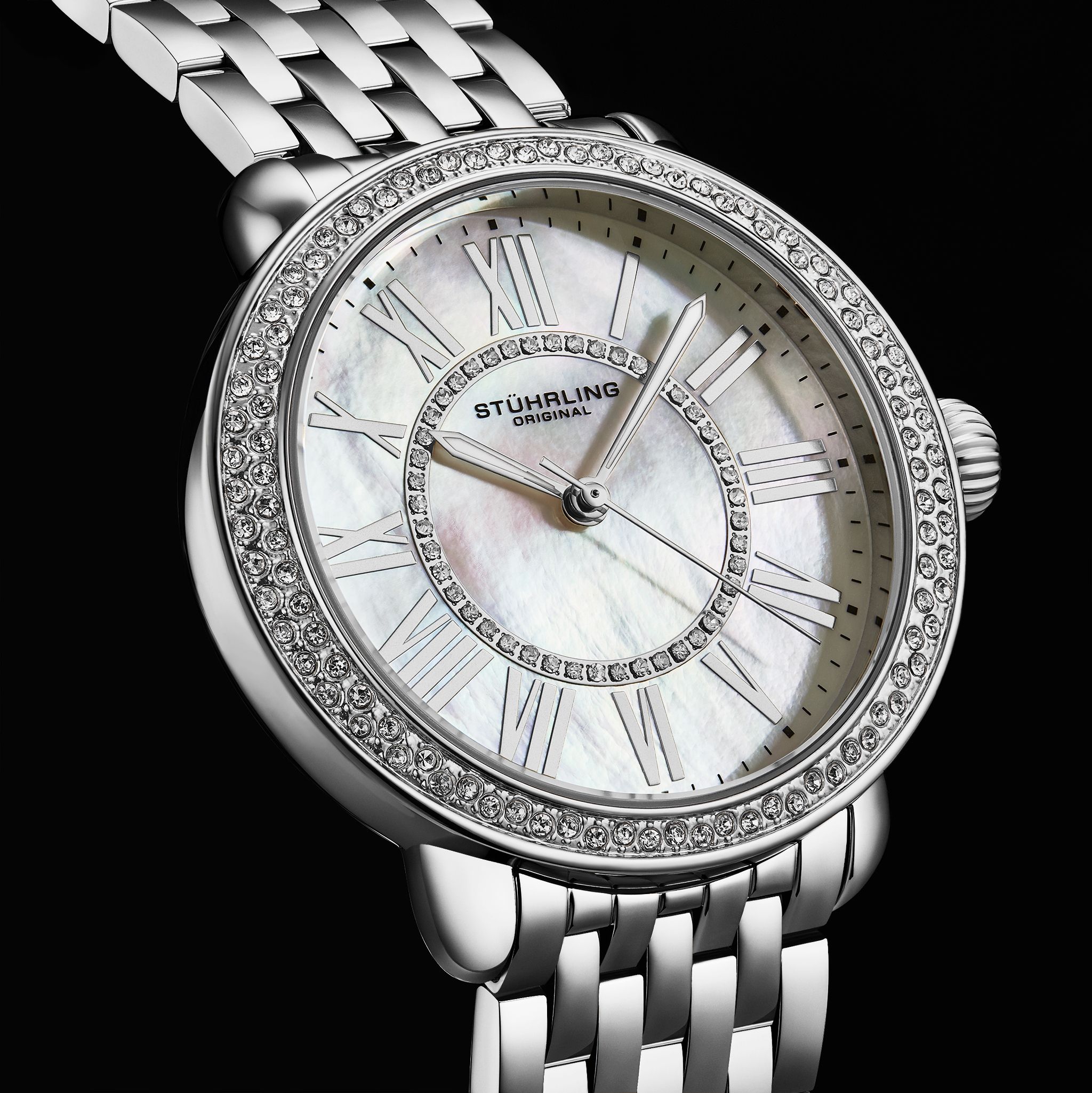 STÜHRLING Original Regalia 4074 40mm Quartz Watch – MOP Dial, Stainless Steel Bracelet