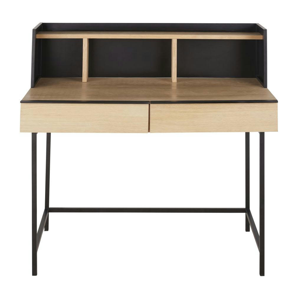 Mudo - Bureau 2 tiroirs 3 niches beige et noir
