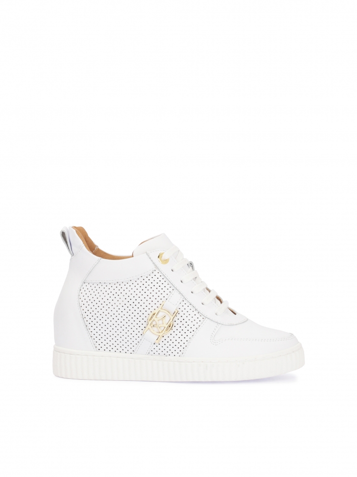 Leather white sneakers with perforation and hidden anchor