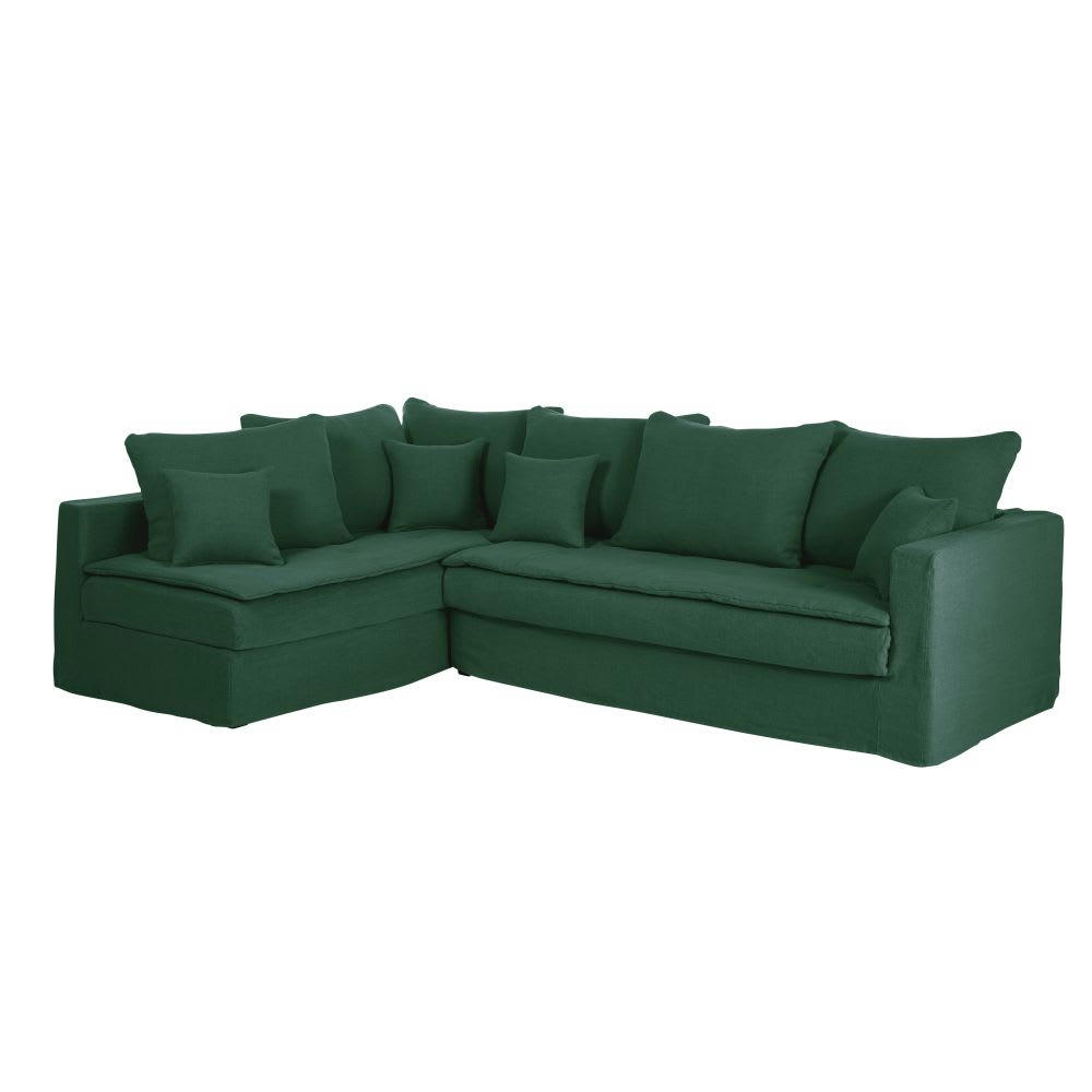 Celestin - Canapé d'angle gauche convertible 5/6 places en lin froissé vert, matelas 6 cm