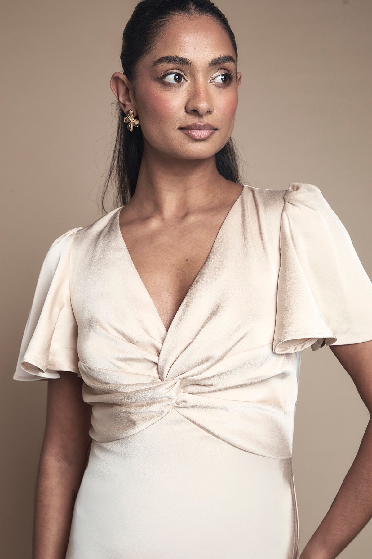 Oasis Champagne Satin Twist Front Angel Sleeve Midi Bridesmaid Dress