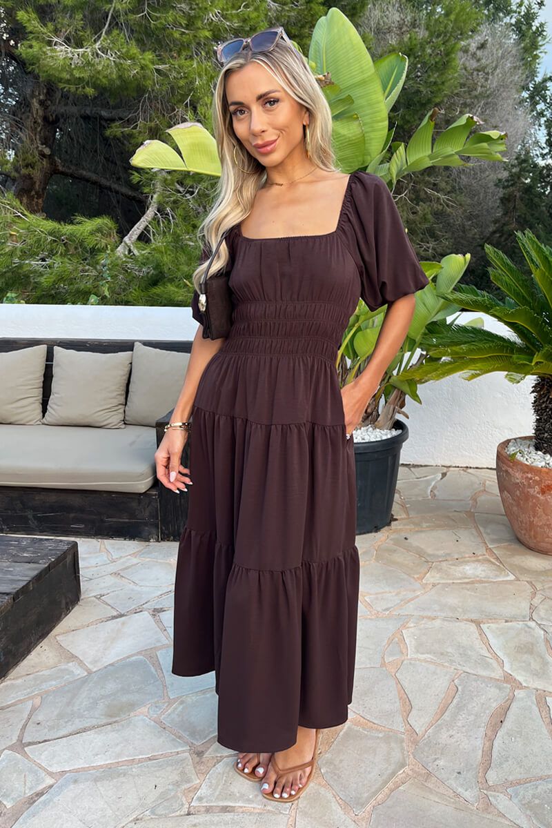 AX Paris Chocolate Puff Sleeve Shirred Waist Smock Midi Dress