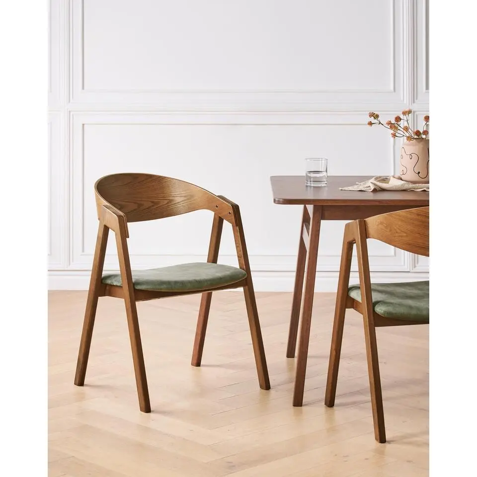 YUBA - Eetkamerstoel set van 2 - Donkerhout/Groen - Fluweel