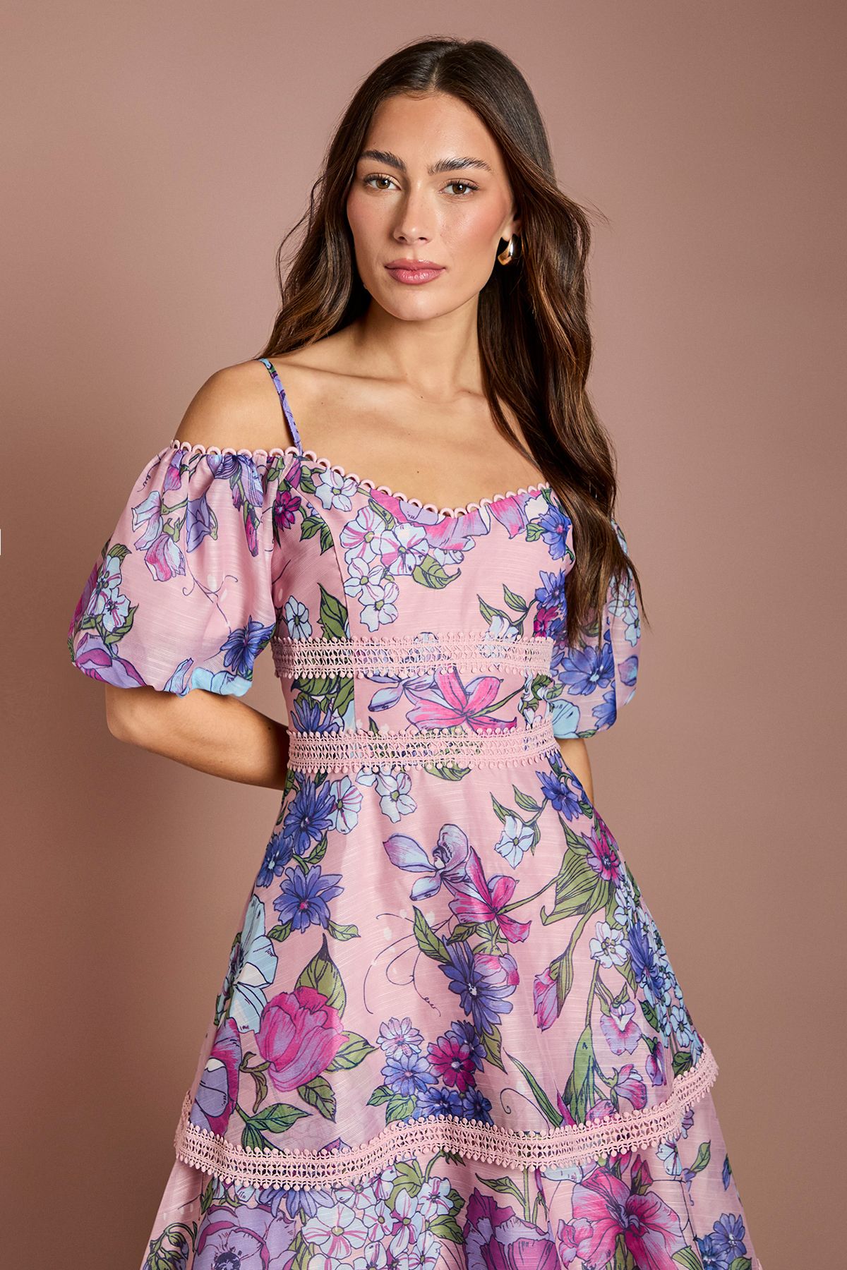 Coast Cold Shoulder Printed Organza Lace Midi Dress