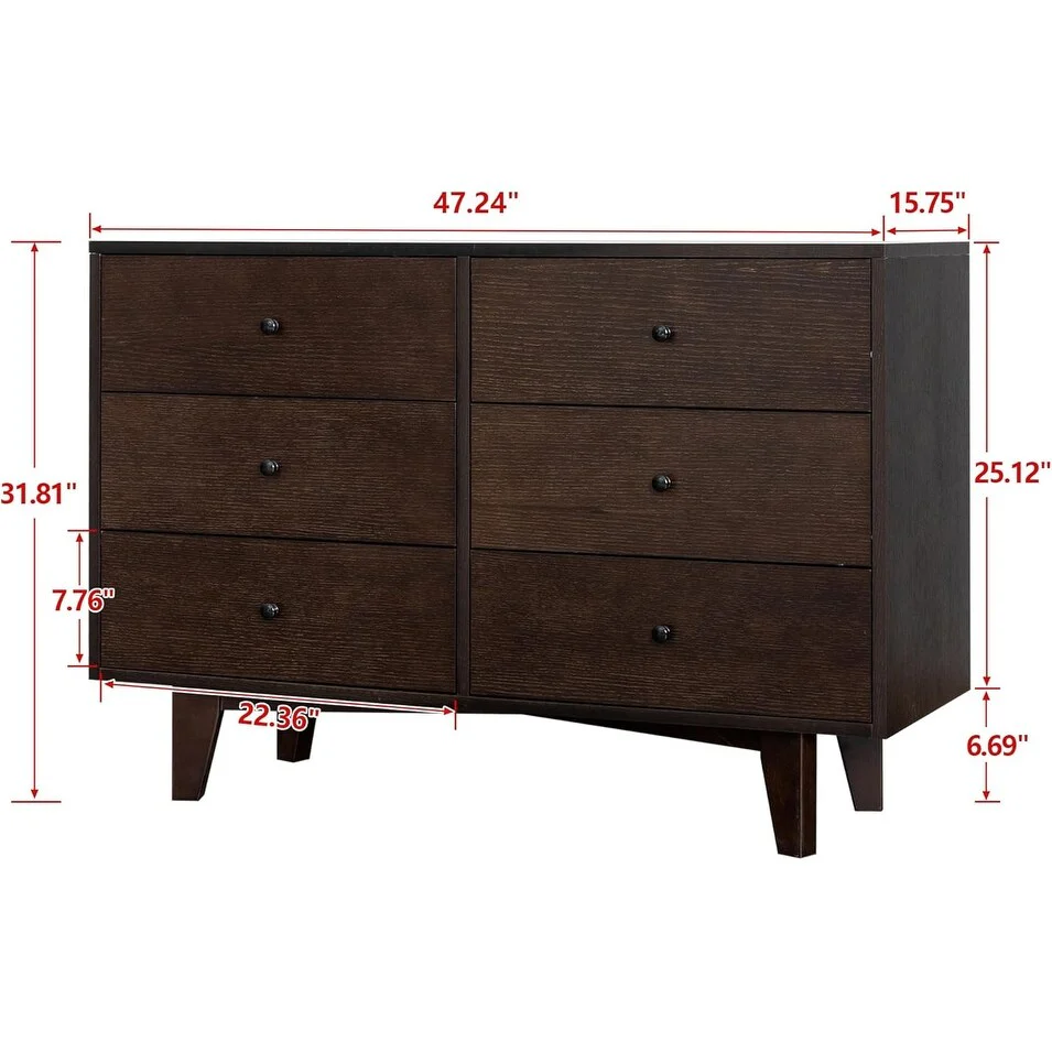 6 Drawers Dresser for Bedroom, Chest of Drawers with Handle Solid Wood Storage Organizer