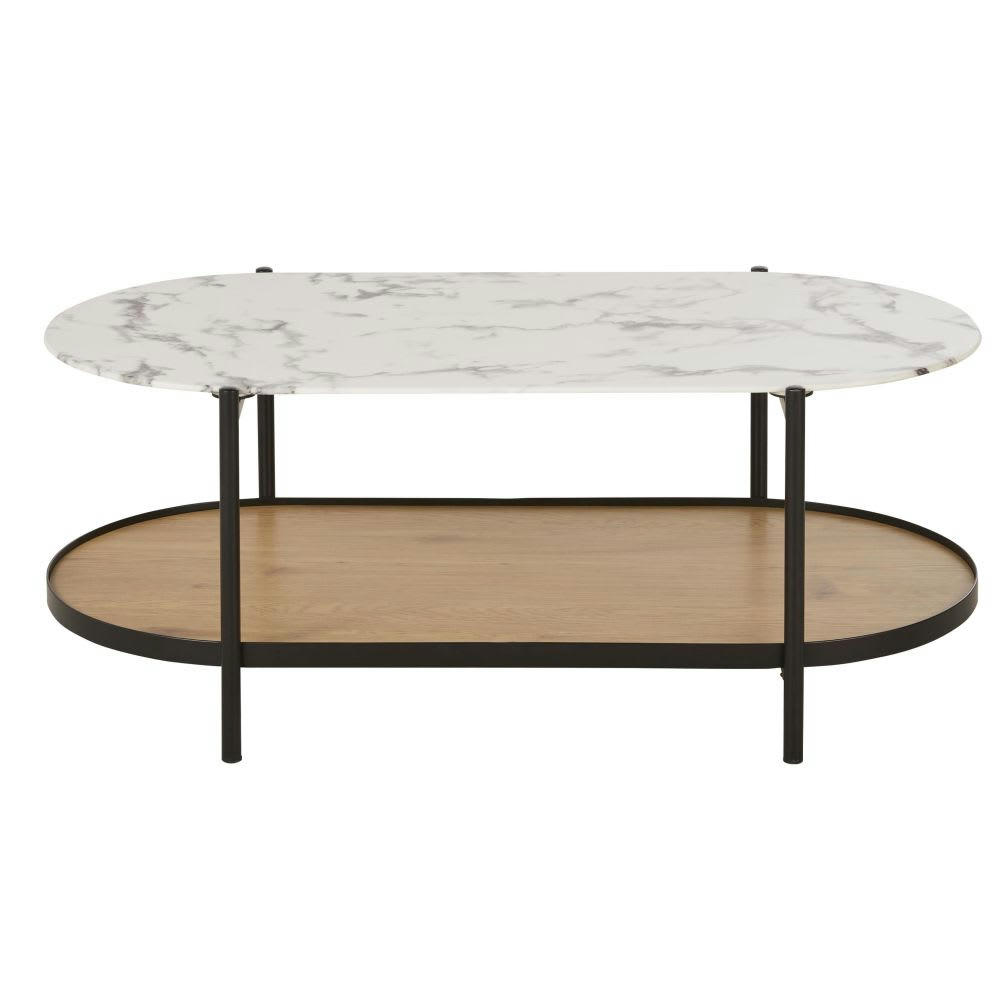 Stona - Table basse ovale en verre trempé imprimé imitation marbre et métal noir L110