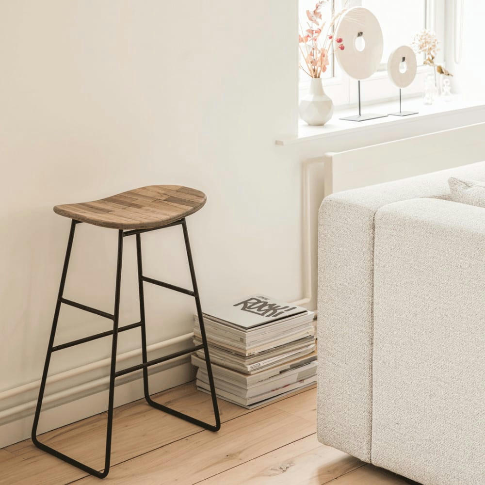 KABAYAN - Tabouret de bar 65cm en métal et teck recyclé