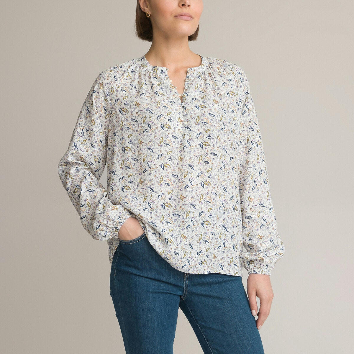 Blouse col rond, imprimé floral, manches longues