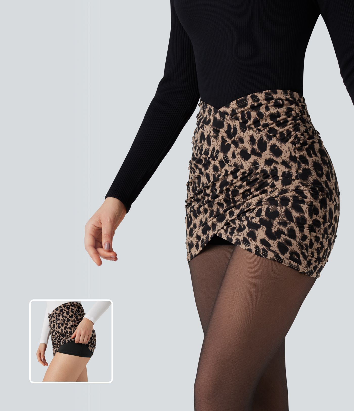 Jupe de soirée mini moulante Halara UltraSculpt™ 2-en-1 imprimée léopard croisée taille haute