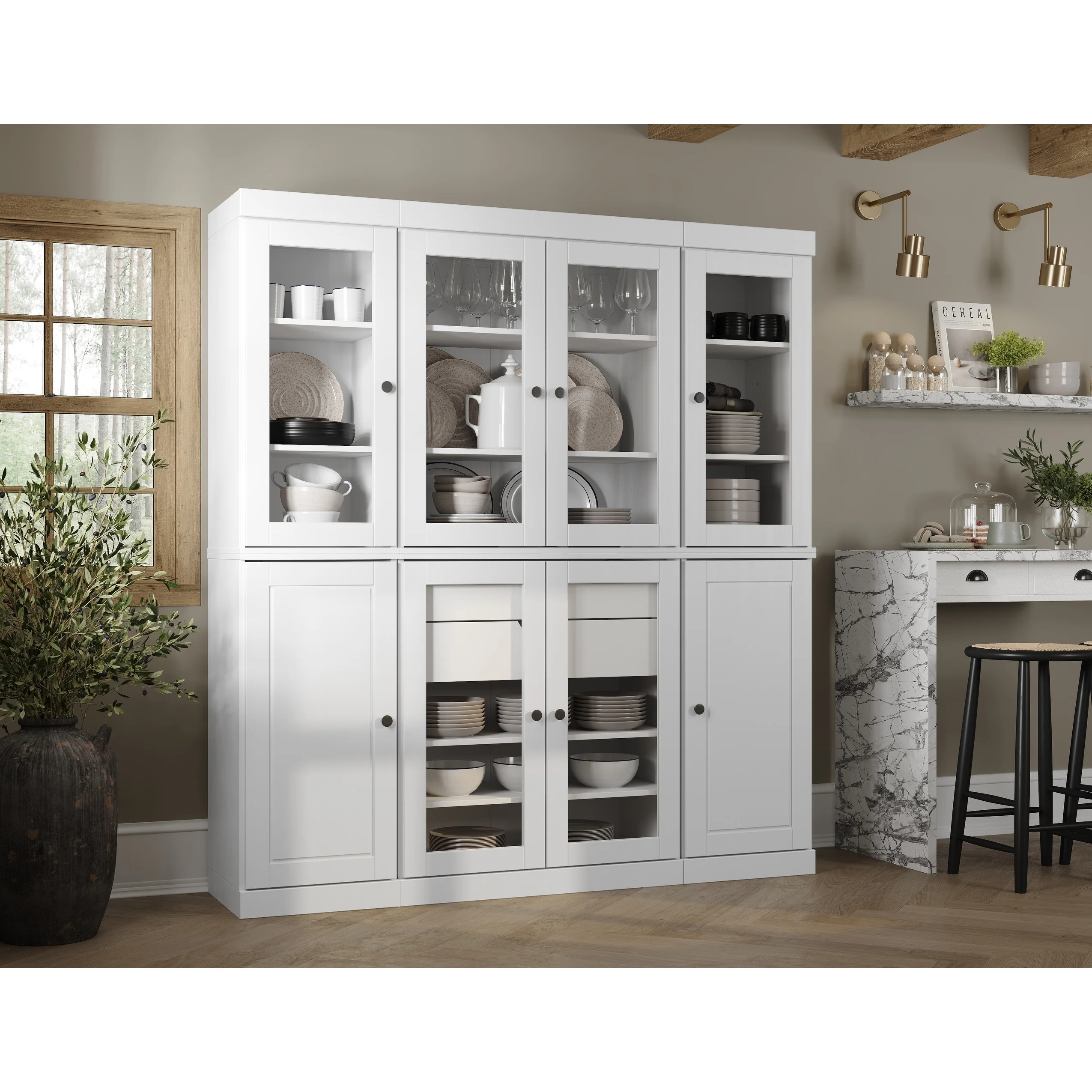 100% Solid Wood Kitchen China Pantry Buffet with Glass or Solid Wood Doors and 2-Drawer Kit by Palace Imports - 65 x 71.5
