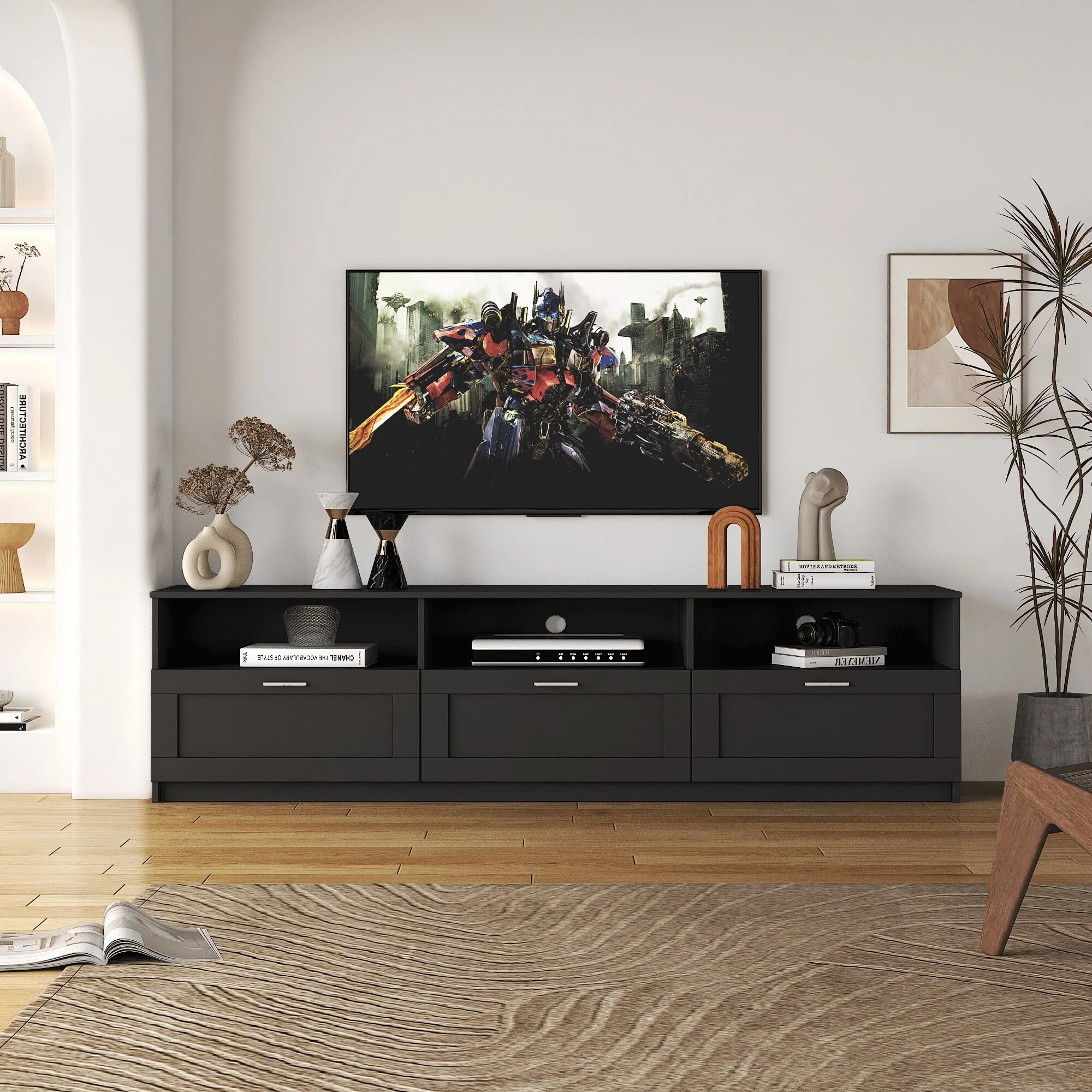 Black 70 TV Stand with Open Storage & Drawers for Living Room