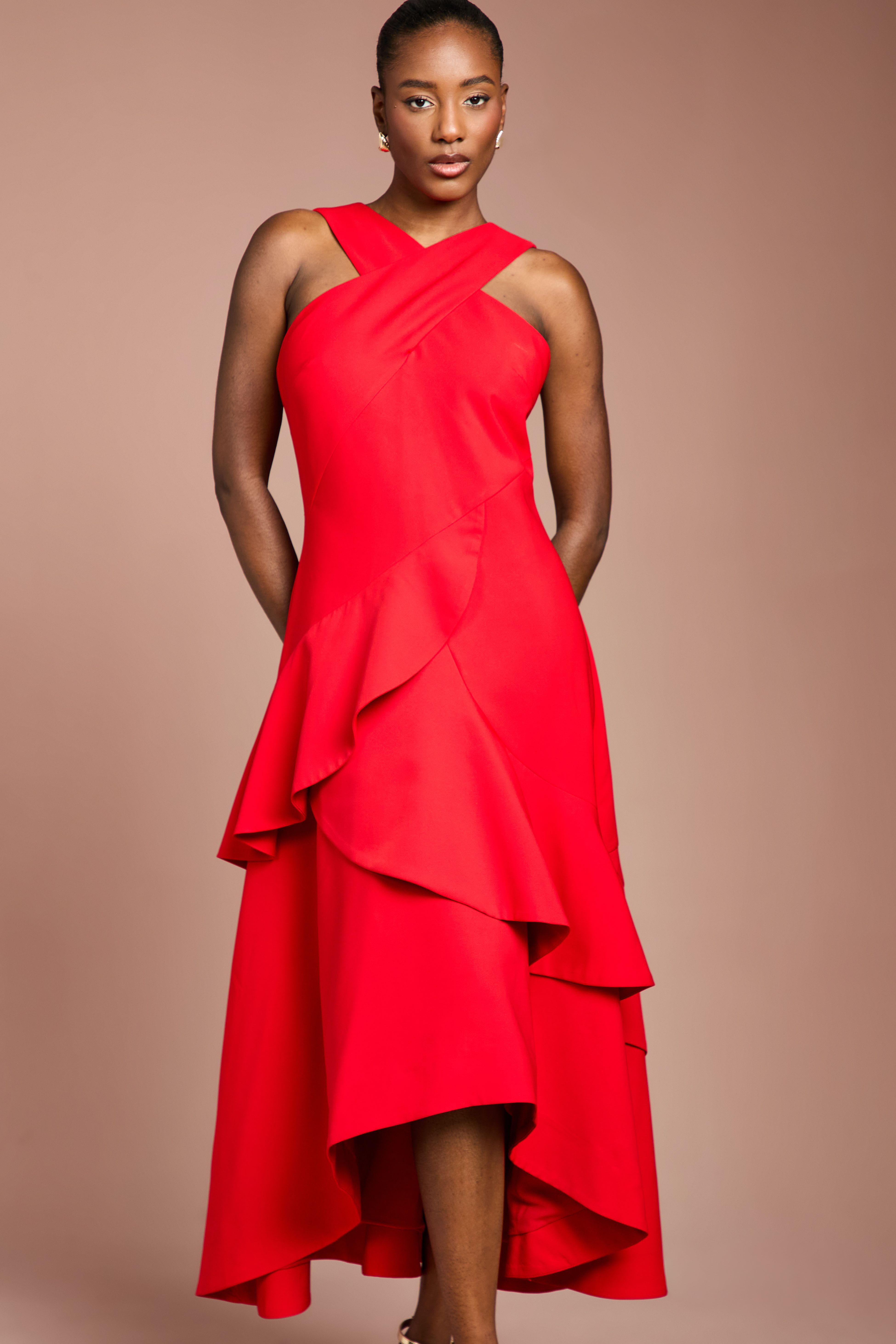Coast Cross Neck Ruffle Crepe Midi Dress