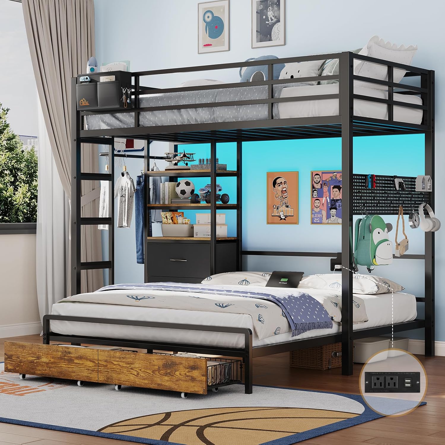 DICTAC Twin Over Full Bunk Bed with 4 Storage Drawers and 3-Tier Open Bookshelf Metal Bunk Bed with LED Lights,Charging Station and Pegboard,L-Shaped bunk Beds with Safety Guardrail and Ladder,Black