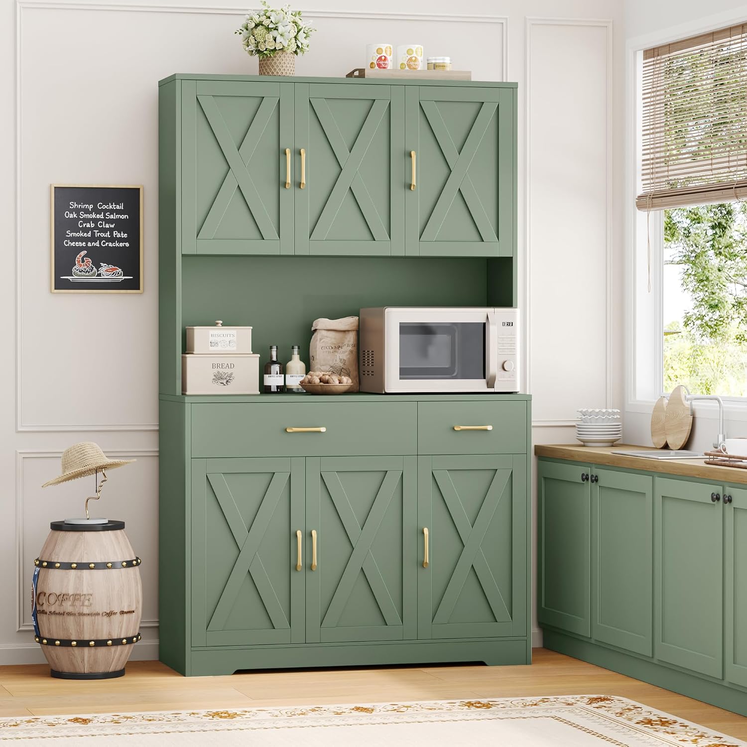 HOSTACK 71 Pantry Cabinet with Charging Station, Tall Kitchen Pantry Storage Cabinet with Microwave Stand, Farmhouse Kitchen Hutch with Storage Drawers for Living Room, Dining Room, Green