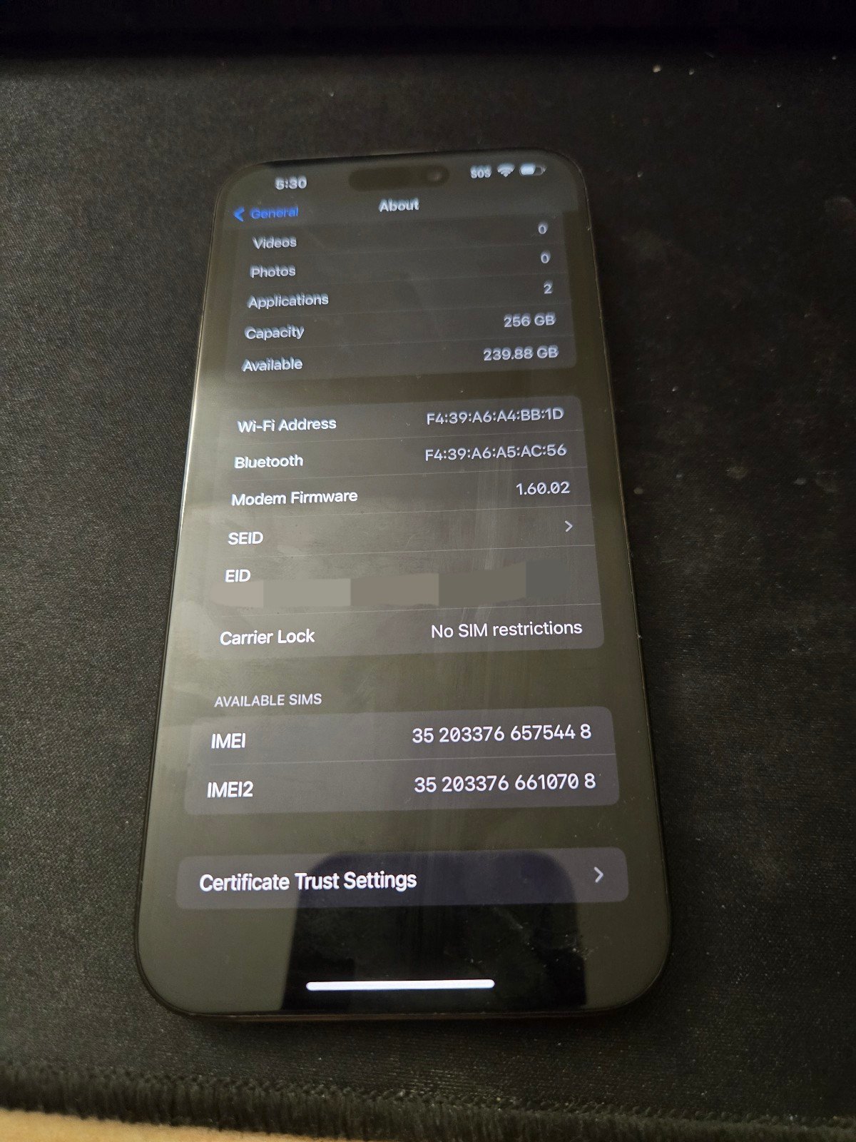 Apple iPhone 15 pro max 256gb unlocked battery 96 percent