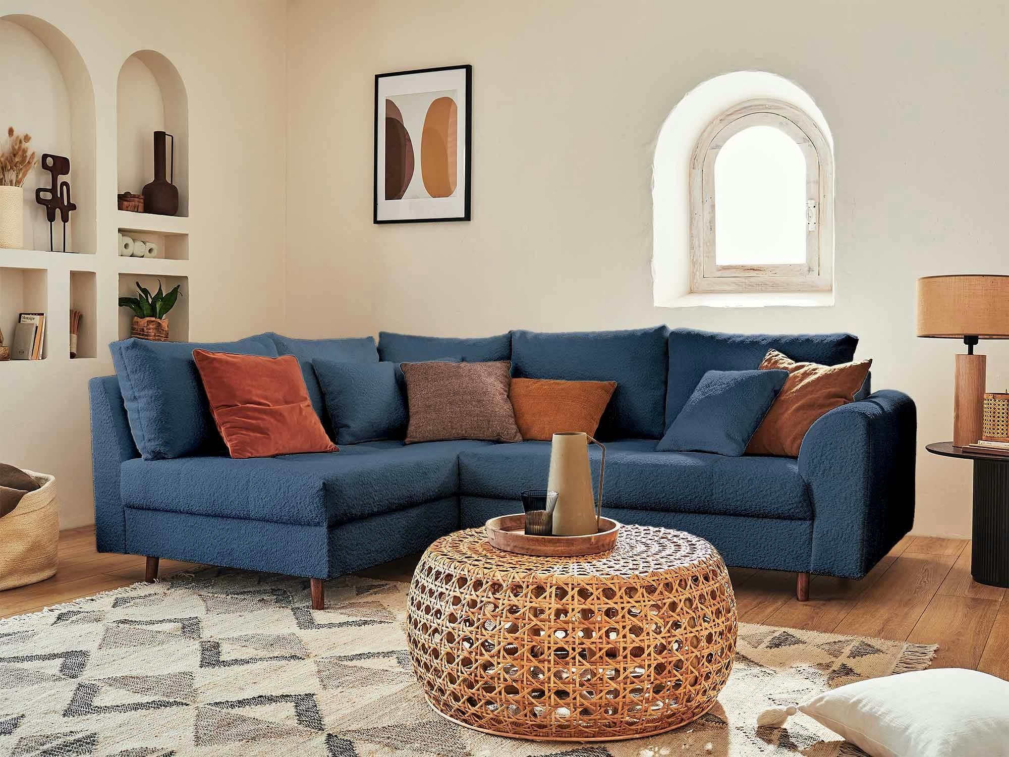 RUNE - Canapé d'angle gauche 4 places en tissu bouclette bleu nuit