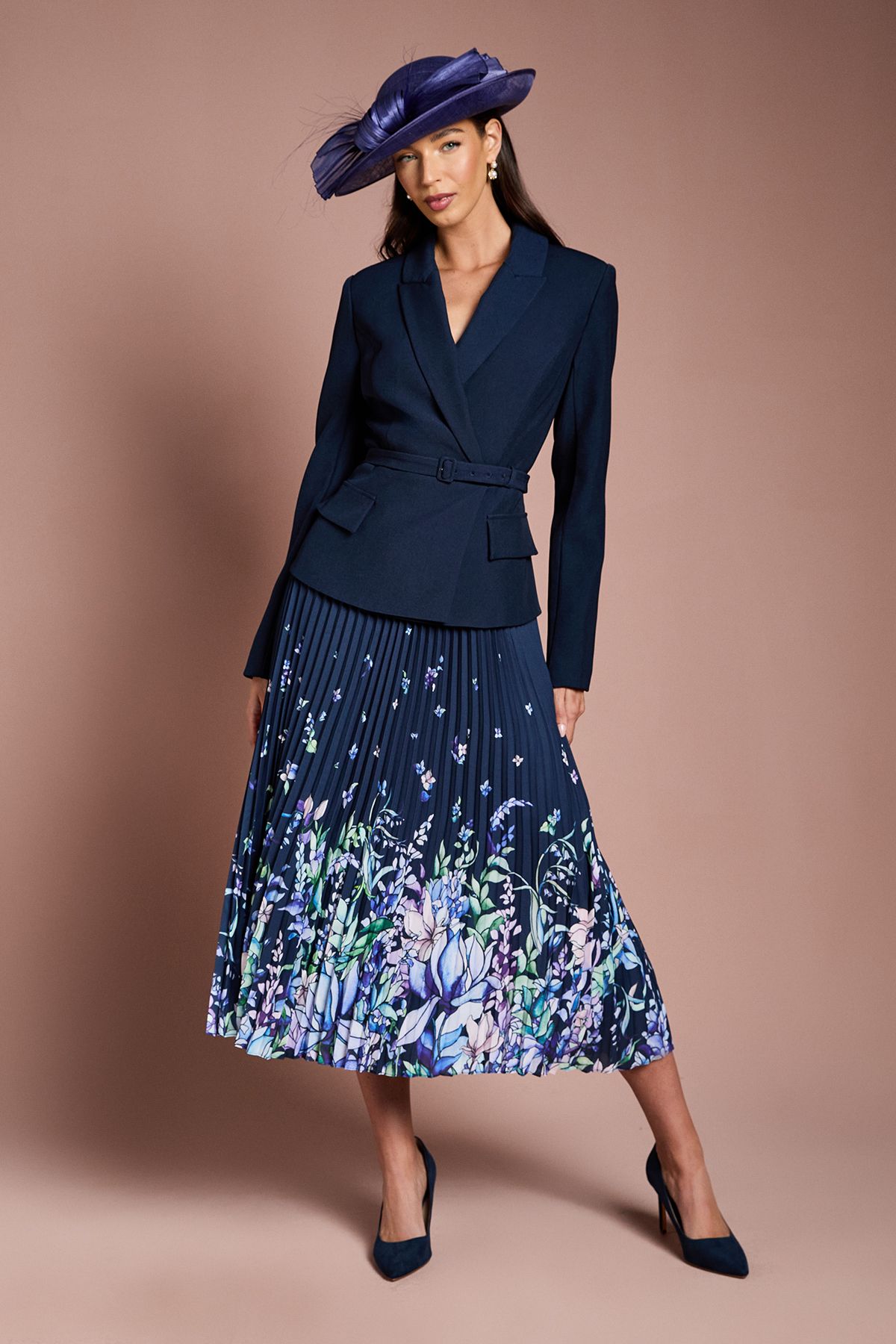 Coast Lisa Tan Tailored Jacket With Pleated Skirt Midi Dress