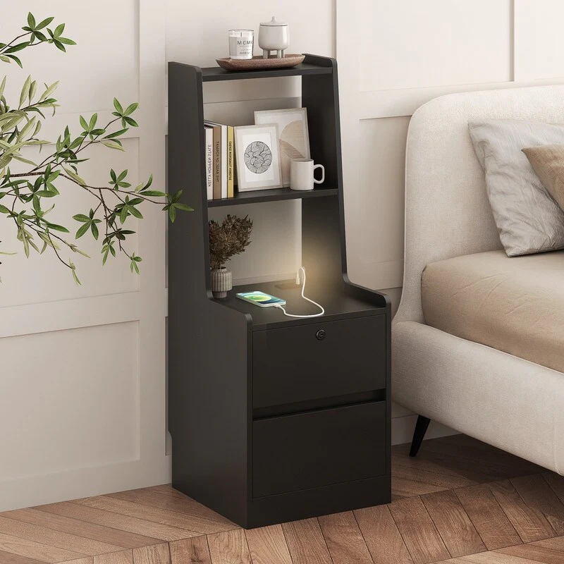 Nightstand with Charging Station, Smart Nightstand with Night Light, Modern Night Stand with Bookshelf