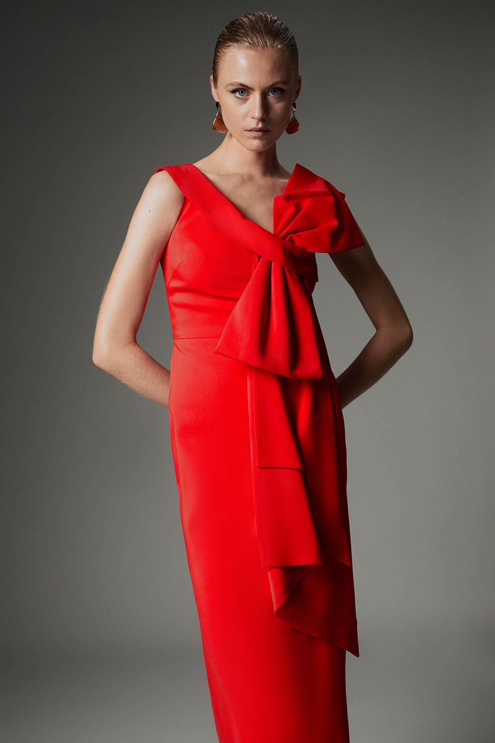 KarenMillen Archive Collection - Tall Bow Detail Asymmetric Off The Shoulder Midaxi Dress