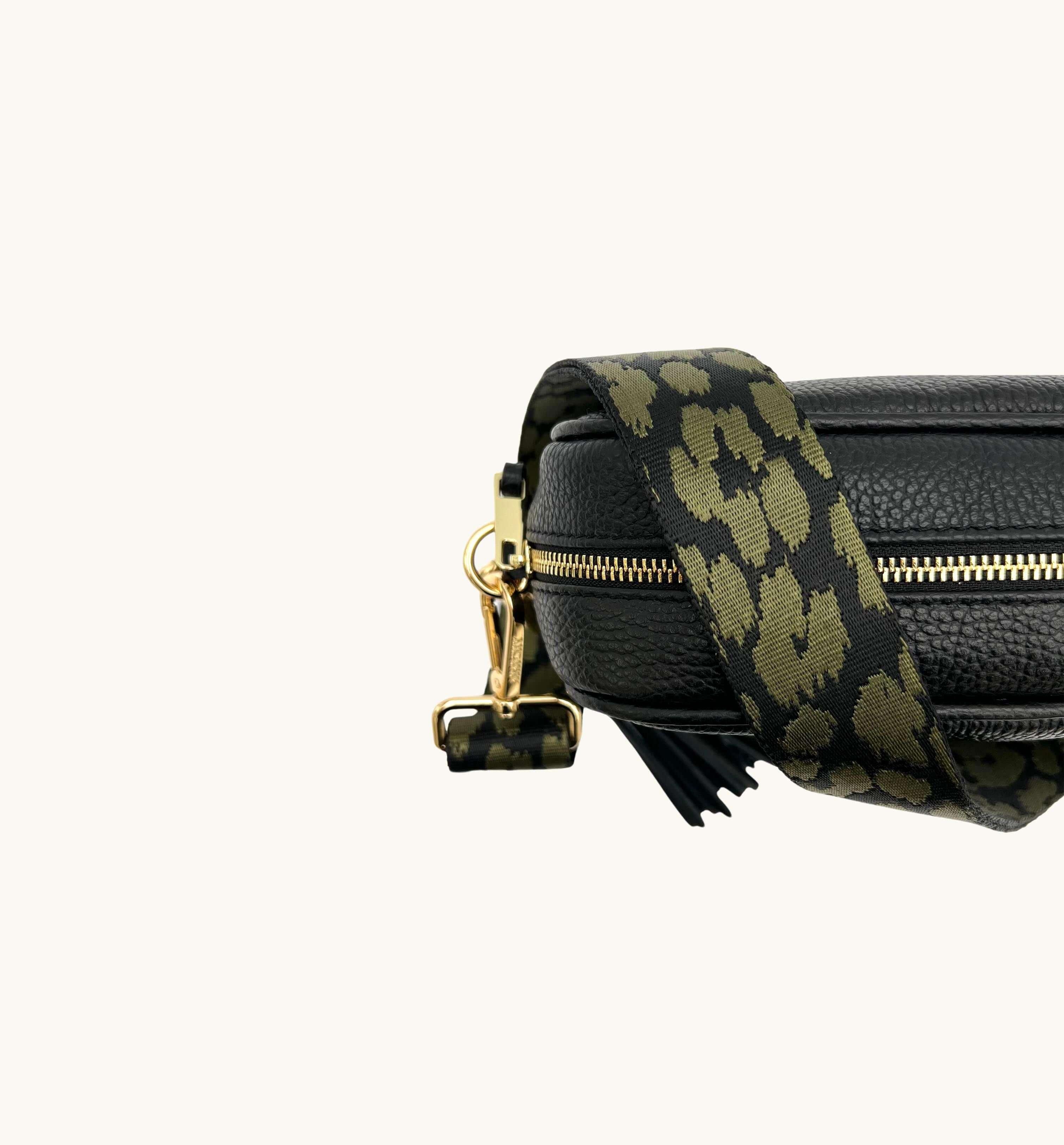 Apatchy London Black Leather Crossbody Bag With Olive Green Cheetah Strap