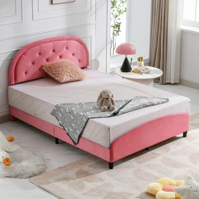 Mixoy Kids Bed with Crystal Tufted Headboard,Pink Princess Bed for Childs