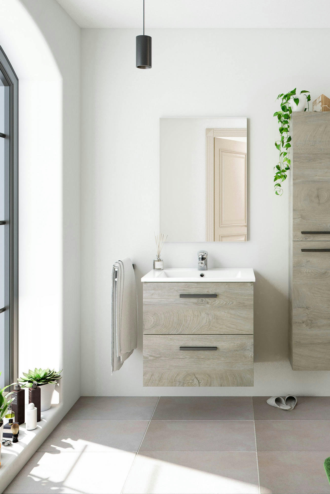 FONTANA - Meuble sous-vasque avec 2 tiroirs effet bois chêne