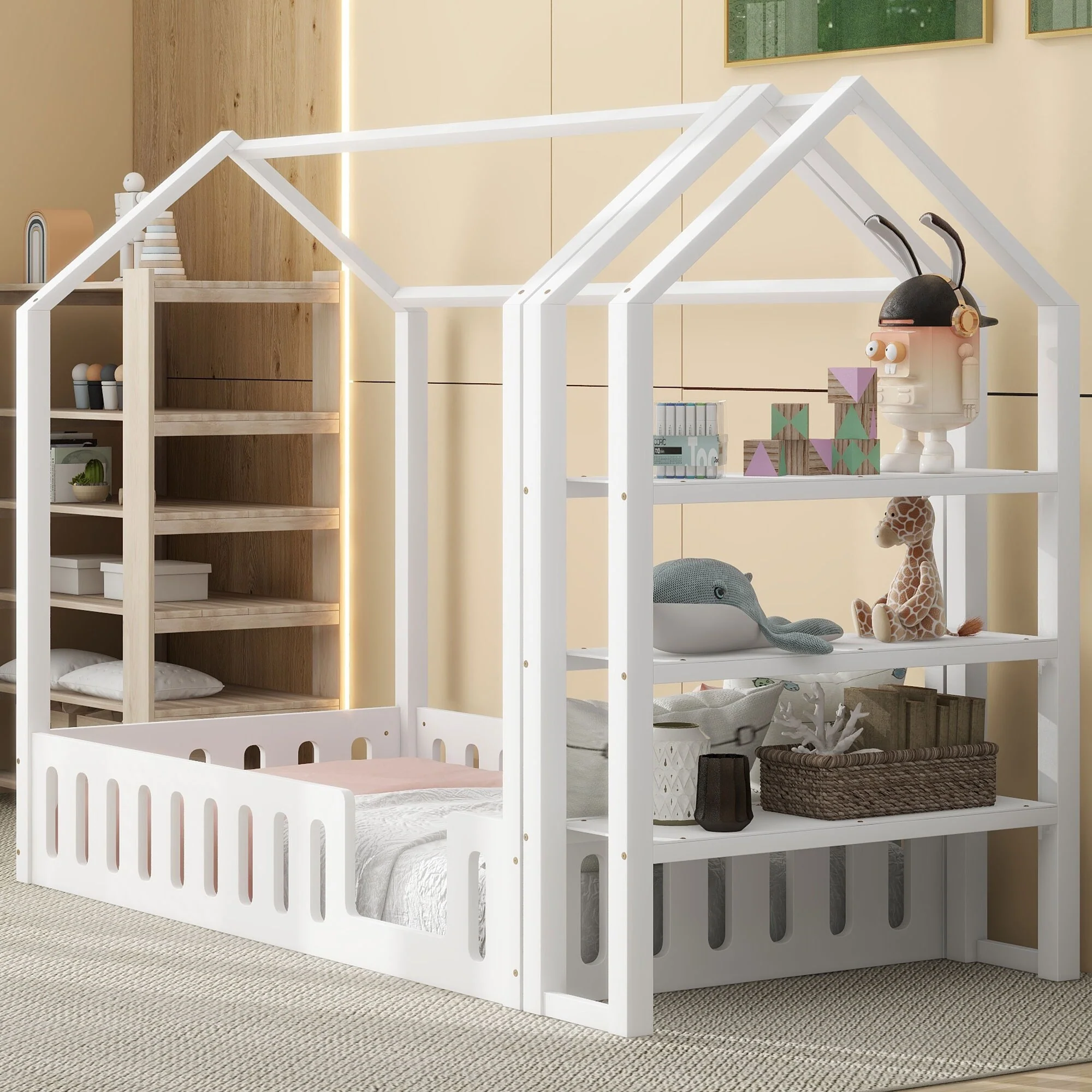 Twin Size House Bed with Detachable Shelves and Fence Guardrails, No Box Spring Needed